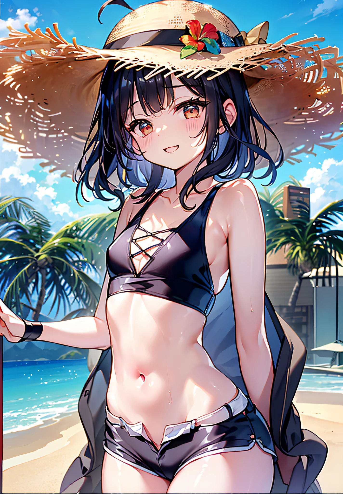 (((masterpiece))、(((top-quality))、((extremely delicate and beautiful))、(Highly detailed CG Unity 8K wallpapers:1.3)、very delicate light、(Back lighting)、(steampunc)、
/=、
(((cowboy body))、(1loli:1.3)、独奏、(小柄)、(small tits)、Yellow swimsuit、High Waist Shorts、Vermilion hair、red eyes、耳环、(Wavy Curly Shorthair)、(Ahoge)、(Cute face:1.114)、(finely eye:1.15)、(cute face:1.114)
、(Beautiful fine eyes and beautiful face:1.15)、
Girl with a smile、Look happy in a beautiful tropical landscape。Behind her the sun went down、Bring a warm glow to the scene、It creates a dreamy atmosphere。In the distance、Palm trees swaying in the breeze、sand beach、suns、the beach、mare、Horizon, etc.、It creates a laid-back retro atmosphere。
Highly detailed ray tracing