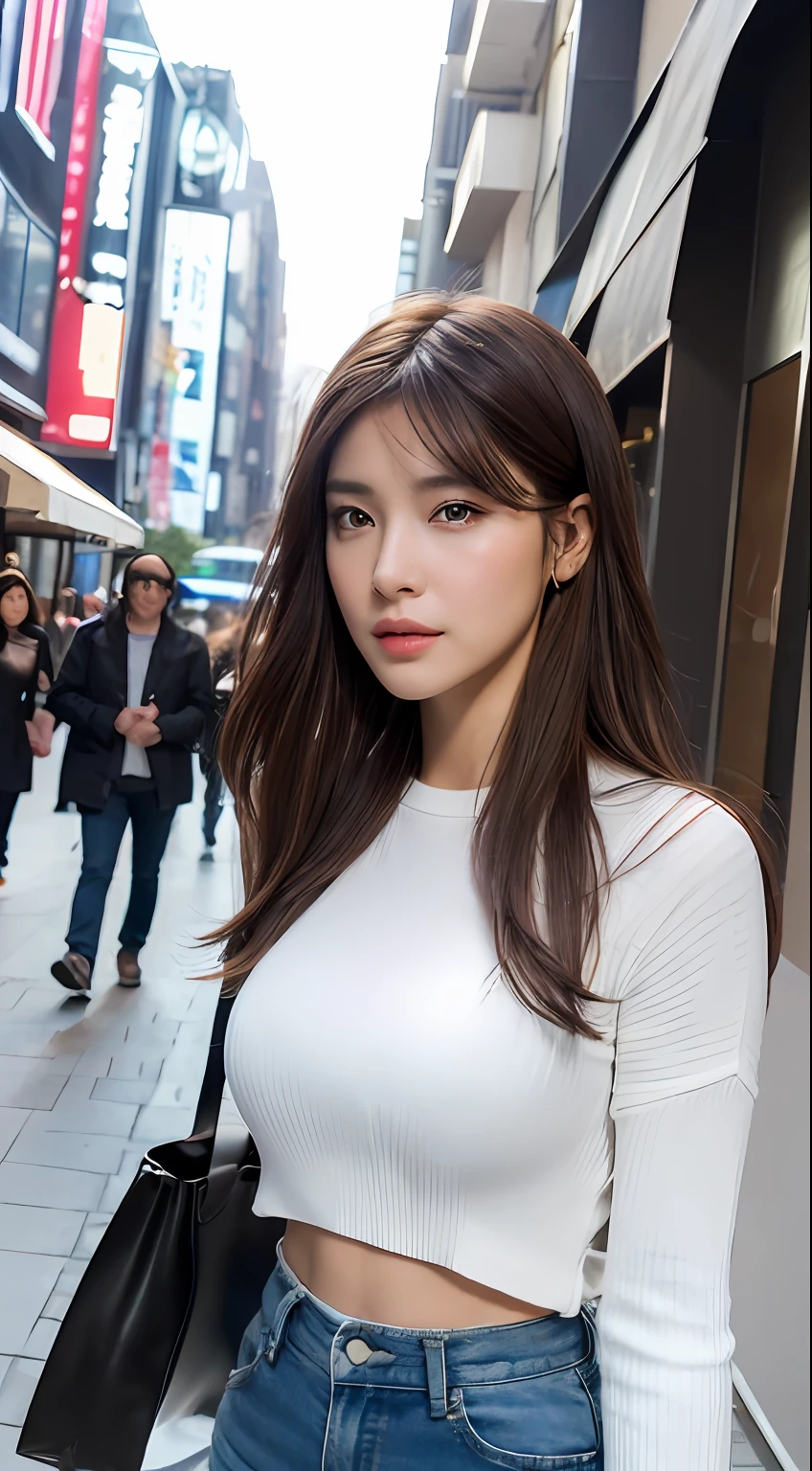 ((Realistic lighting, best qualtiy, 8k, tmasterpiece:1.3)), sharp fokus:1.2, 1girl, Beautiful Women with Perfect Figure:1.4, Slim abs:1.1, ((dark brown  hair)), (White crop top:1.4）,（exteriors，during night：1.1），Fashionable pedestrian street，Ultra-fine face，Fine eyes，二重まぶた，
