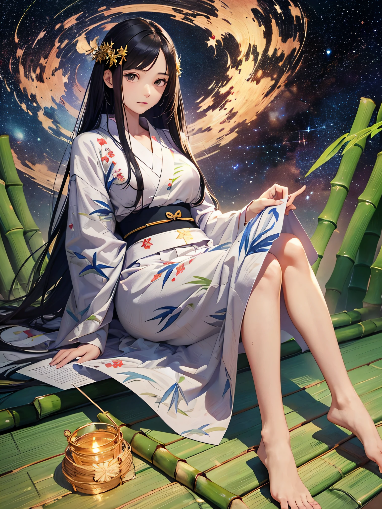 Masterpiece, highest quality, realistic, (((Tanabata: 1.8)))), ((Star Festival: 1.5)), (Orihime in a yukata and waiting for her with long black hair and a large star-shaped hair ornament and looks sideways at the viewer with a lonely expression)))), (((Galactic stars in the dark night sky)), 20 years old, full body, photorealistic, ((leans on bamboo with a large amount of thin colored paper)), calf, barefoot