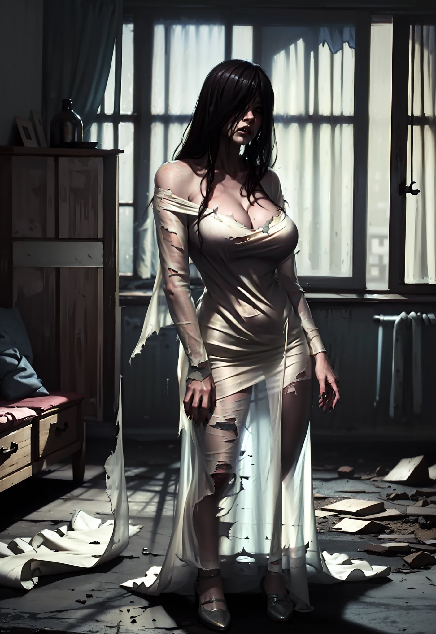 Realistic Japan horror movie taste images, masterpiece, (Best Quality), (absurdness quality), High resolution, 32K, (Photorealistic:1.4), Black hair, {{{Ultra-realistic photos of mountain Yamamura_Sadako}}}, (((torn, Sheer dress))), {{{Long hair above the eyes, eyes covered, Face hidden in long hair}}}, Spooky Ghost Woman, Messy abandoned house, Dark atmosphere, Super huge cleavage exposed from a light dress, Full body shot, in a panoramic view, Super big breaths spilled out of a light dress,
