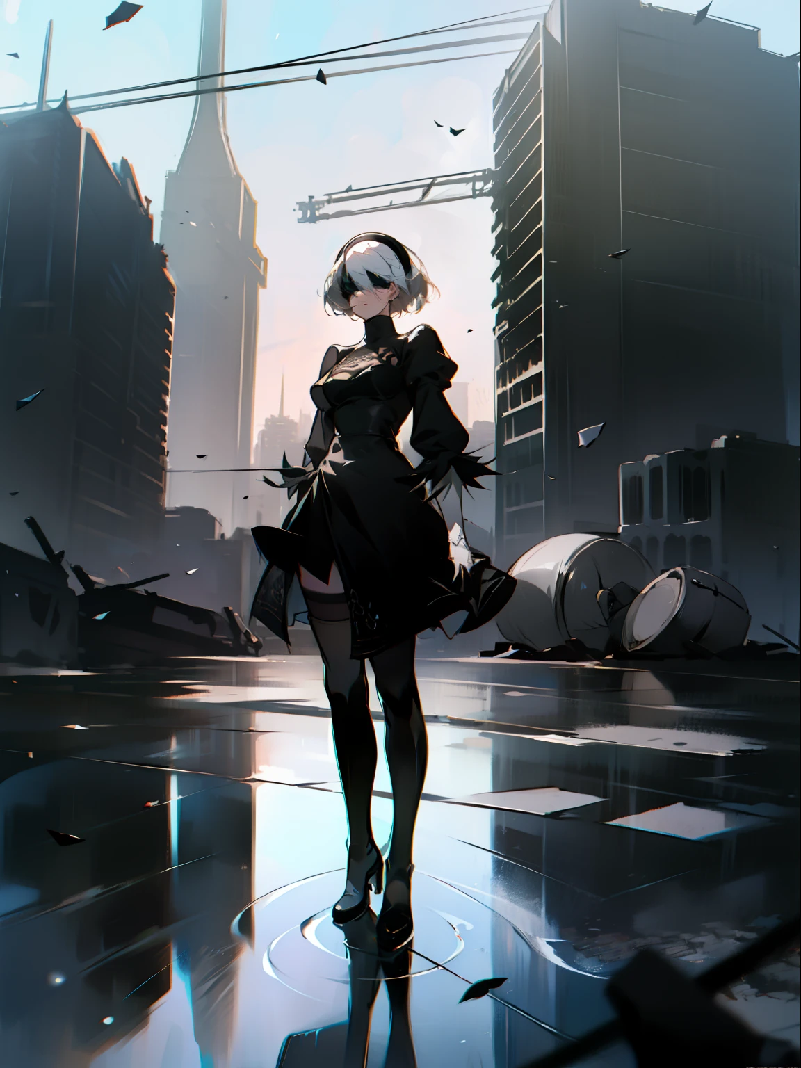 masterpiece, best quality, detailed face, extremely detailed, yorha no. 2 type b, 1girl, solo, absurdres, 8k, White hair, silver hair, black blindfold, black dress, black hairband, blindfold, eye highlights blue sky, boots, building, city, cloud, covered eyes, debris, dress, feather-trimmed sleeves, feather trim, gloves, grass, hairband, high heel boots, high heels, highres, juliet sleeves, katana, leather, leather boots, long sleeves, nier \(series\), nier automata, outdoors, overgrown, pod \(nier automata\), post-apocalypse, puddle, puffy sleeves, rubble, ruins, scenery, sky, thigh boots, thighhighs, thighhighs under boots, water, Sparkling shards of glass