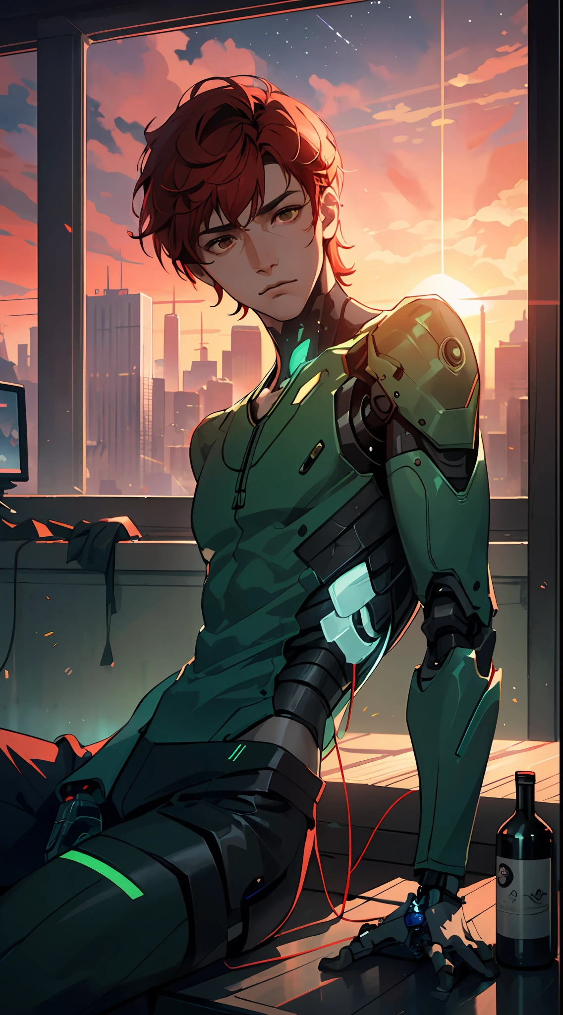 Smoke, (war:1.5), postapocalypse, ((Planets in the sky, stars in thr sky)), ((Dark green sunset:1.3)), (Green sky:1.2), green light, The ruined backdrop of the city, ((spaceship in the sky)), science-fiction, (sports body: 1.4), ((1male)), ( muscular male body), sitting on the rubble of a building, (Tired look:1.3), (short red hair:1.4), (Brown eyes:1.2), (Detailed eyes and face:1.3), (Cyberpunk clothes), (black clothing:1.3), black sweatshirt, black pants, (1Cyborg Arm:1.3), Bottles on the floor, cityFuture, (calm face:1.3), Destroyed skyscrapers, Wire, HDR (High Dynamic Range), ray traced, NVIDIA RTX, Over-resolution, Unreal 5, sub-surface Scattering, текстурирование PBR, postprocessed, Anisotropic filtering, Depth of field, Maximum clarity and sharpness, Multi-layer Textures, Albedo and specular maps, Surface shading,  Accurate Light-Material Interaction Simulation, Octane rendering, duotone lighting, Low ISO, White balance, the rule of thirds, Wide aperture, 8K RAW, efficient sub-pixel, sub-pixel convolution, (luminescent particles: 1.4), {{tmasterpiece, beste-Qualit, extremely detailed CGI, Unity 8k壁纸, 3d, 电影灯光, lens flares}},