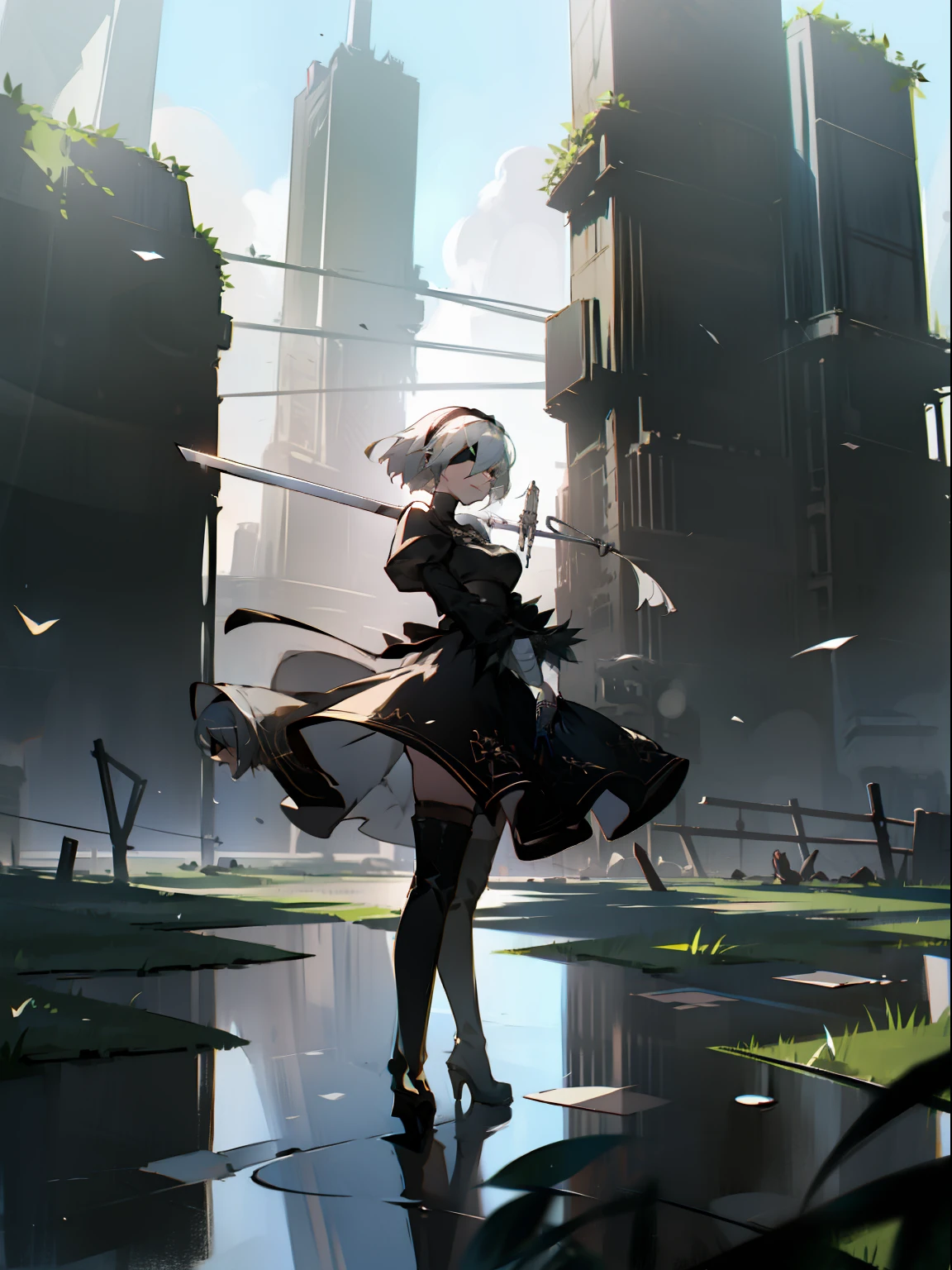 masterpiece, best quality, detailed face, extremely detailed, yorha no. 2 type b, 1girl, solo, absurdres, 8k, White hair, silver hair, black blindfold, black dress, black hairband, blindfold, eye highlights blue sky, boots, building, city, cloud, covered eyes, debris, dress, feather-trimmed sleeves, feather trim, gloves, grass, hairband, high heel boots, high heels, highres, juliet sleeves, katana, leather, leather boots, long sleeves, nier \(series\), nier automata, outdoors, overgrown, pod \(nier automata\), post-apocalypse, puddle, puffy sleeves, rubble, ruins, scenery, sky, thigh boots, thighhighs, thighhighs under boots, water, Leaves dancing in the wind