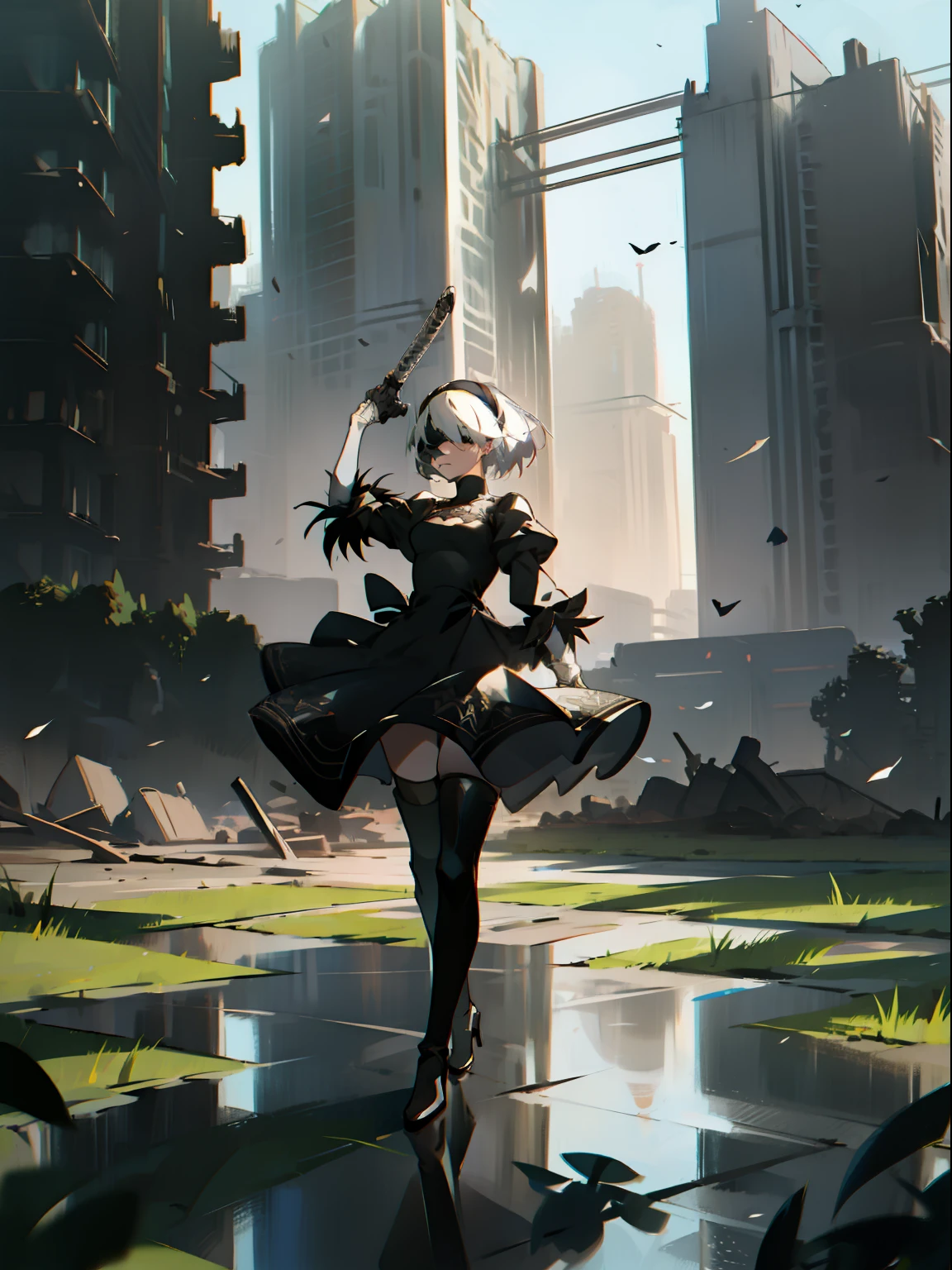 masterpiece, best quality, detailed face, extremely detailed, yorha no. 2 type b, 1girl, solo, absurdres, 8k, White hair, silver hair, black blindfold, black dress, black hairband, blindfold, eye highlights blue sky, boots, building, city, cloud, covered eyes, debris, dress, feather-trimmed sleeves, feather trim, gloves, grass, hairband, high heel boots, high heels, highres, juliet sleeves, katana, leather, leather boots, long sleeves, nier \(series\), nier automata, outdoors, overgrown, pod \(nier automata\), post-apocalypse, puddle, puffy sleeves, rubble, ruins, scenery, sky, thigh boots, thighhighs, thighhighs under boots, water, Leaves dancing in the wind