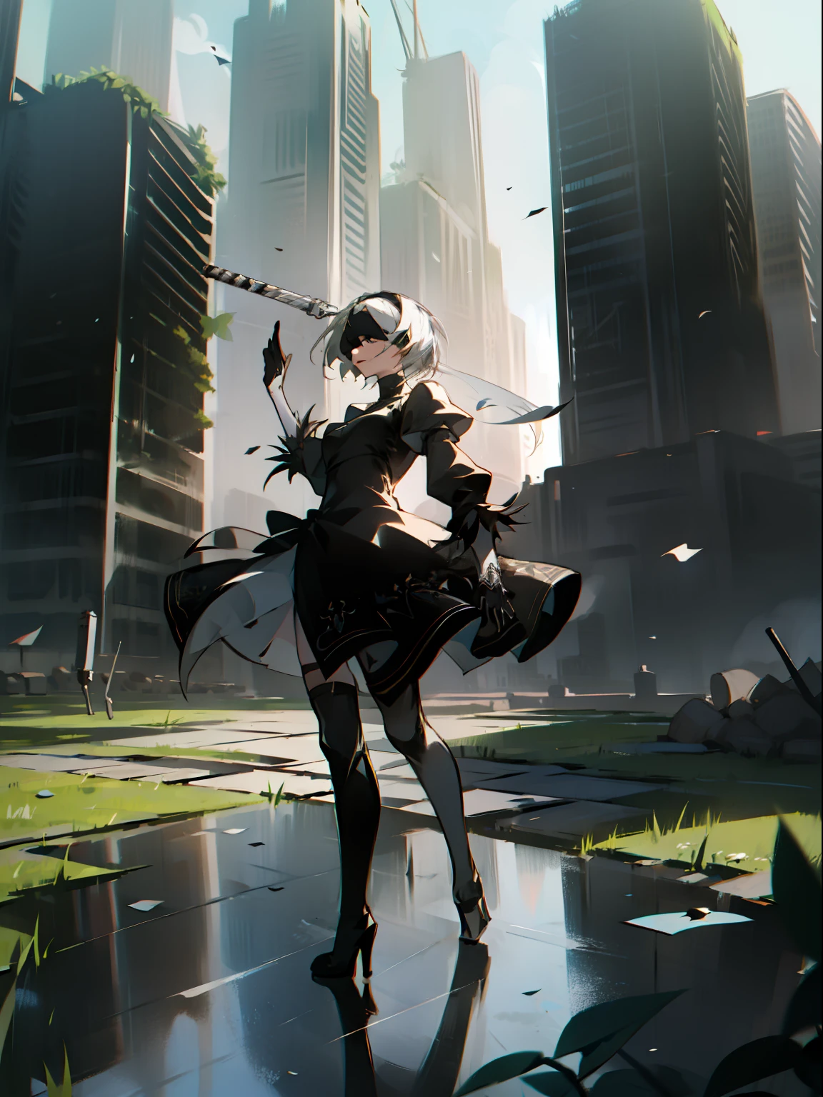 masterpiece, best quality, detailed face, extremely detailed, yorha no. 2 type b, 1girl, solo, absurdres, 8k, White hair, silver hair, black blindfold, black dress, black hairband, blindfold, eye highlights blue sky, boots, building, city, cloud, covered eyes, debris, dress, feather-trimmed sleeves, feather trim, gloves, grass, hairband, high heel boots, high heels, highres, juliet sleeves, katana, leather, leather boots, long sleeves, nier \(series\), nier automata, outdoors, overgrown, pod \(nier automata\), post-apocalypse, puddle, puffy sleeves, rubble, ruins, scenery, sky, thigh boots, thighhighs, thighhighs under boots, water, Leaves dancing in the wind