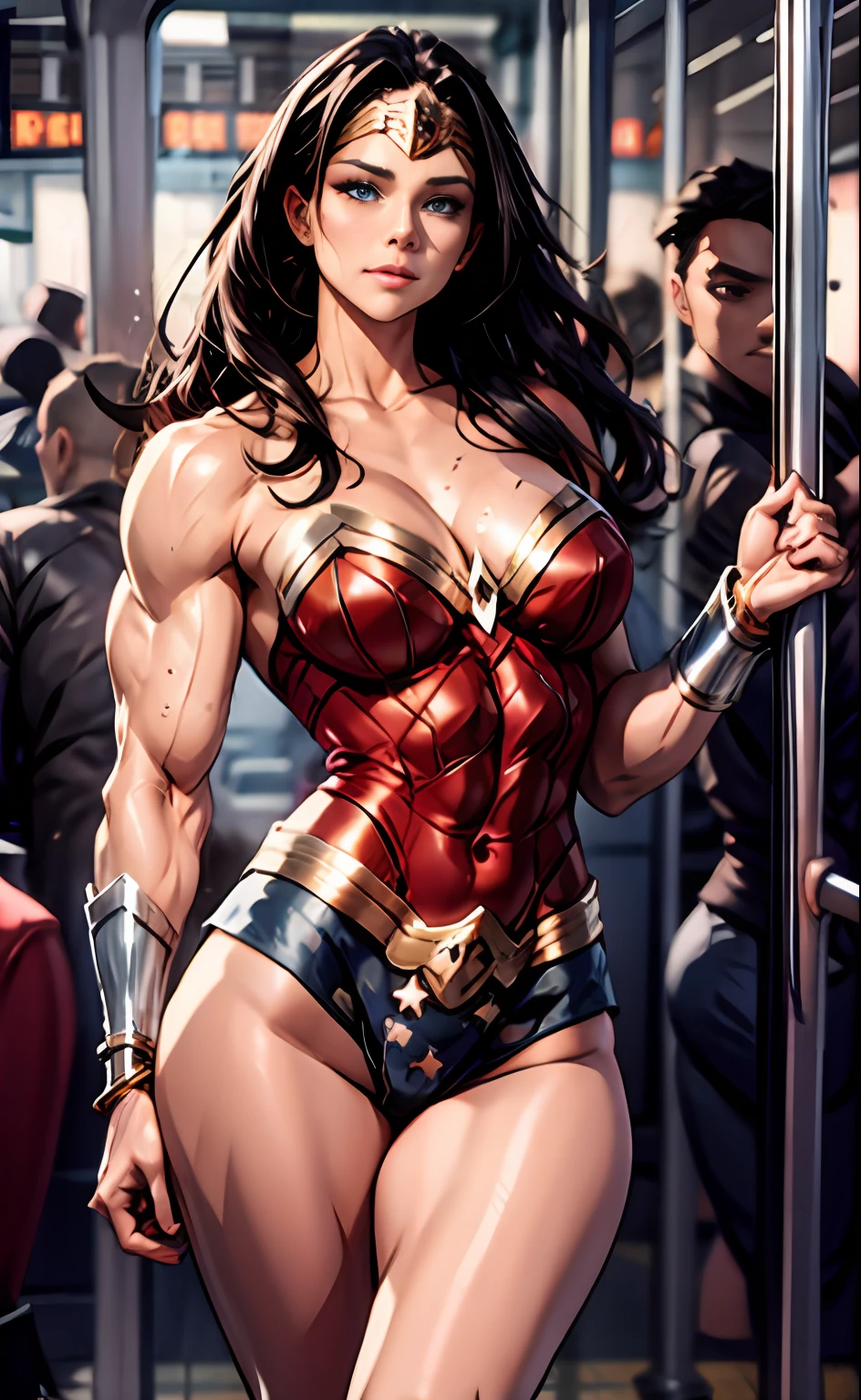 ((s whole body, Standing):1.5), {(1woman)}, Only she {((Wonder Woman in a tiara, red and gold bustier, blue leotard with white stars, silver bracelets, (Red knee high boots:1.2), golden belt, (Wonder Woman clothing:1.0))), She has ((Big breasts)), Only she has it ((Sexy, elastic muscles, (Muscular: 1.2), ((strong and healthy body)), ((((the more) Muscular))), Long leg, curved, (Big breasts: 1.3), cleavage, Blue Eyes, long black wavy hair, (light tan skin: 1.4))), ((Strike an erotic pose)), She is looking at the audience with a smile, ((In a subway full of people, It's daytime, Several people holding different mobile phones on a train, Sedentary people, Standing people))}, ((s whole body, Standing):1.5), 16 k, Best Quality, Best resolution, Highest clarity,