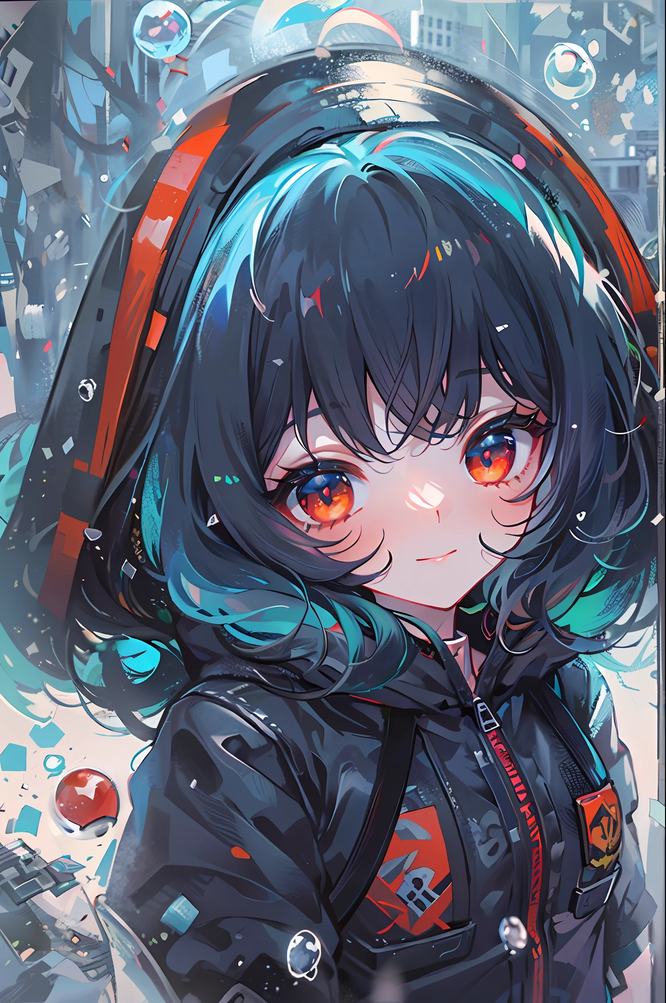 ((top-quality)), ((masterpiece)), ((ultra-detailliert)), (extremely delicate and beautiful), girl with, 独奏, cold attitude,(((Red line with black jacket))),She is very(relax)with the(Settled down)Looks,A dark-haired, depth of fields,evil smile,Bubble, Air bubble,bright light blue eyes,Inner color with black hair and light blue tips,Cold background,