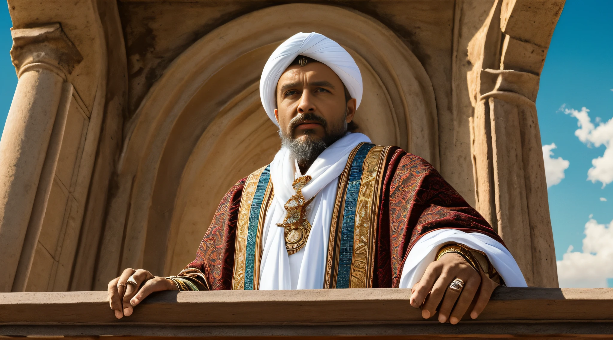 Araffe man with beard and white tunínca with soft blue details on a balcony, majestosa obra-prima, Cinebiografia, 4 k filme ainda, filme ainda 8K, ainda do filme, inspirado em Osman Hamdi Bey, ainda de um filme, programa de tv ainda, imagem promocional do filme, homem bonito, obra-prima obra de arte, Sergey Zabelin, vestido com uma vestidura branca.