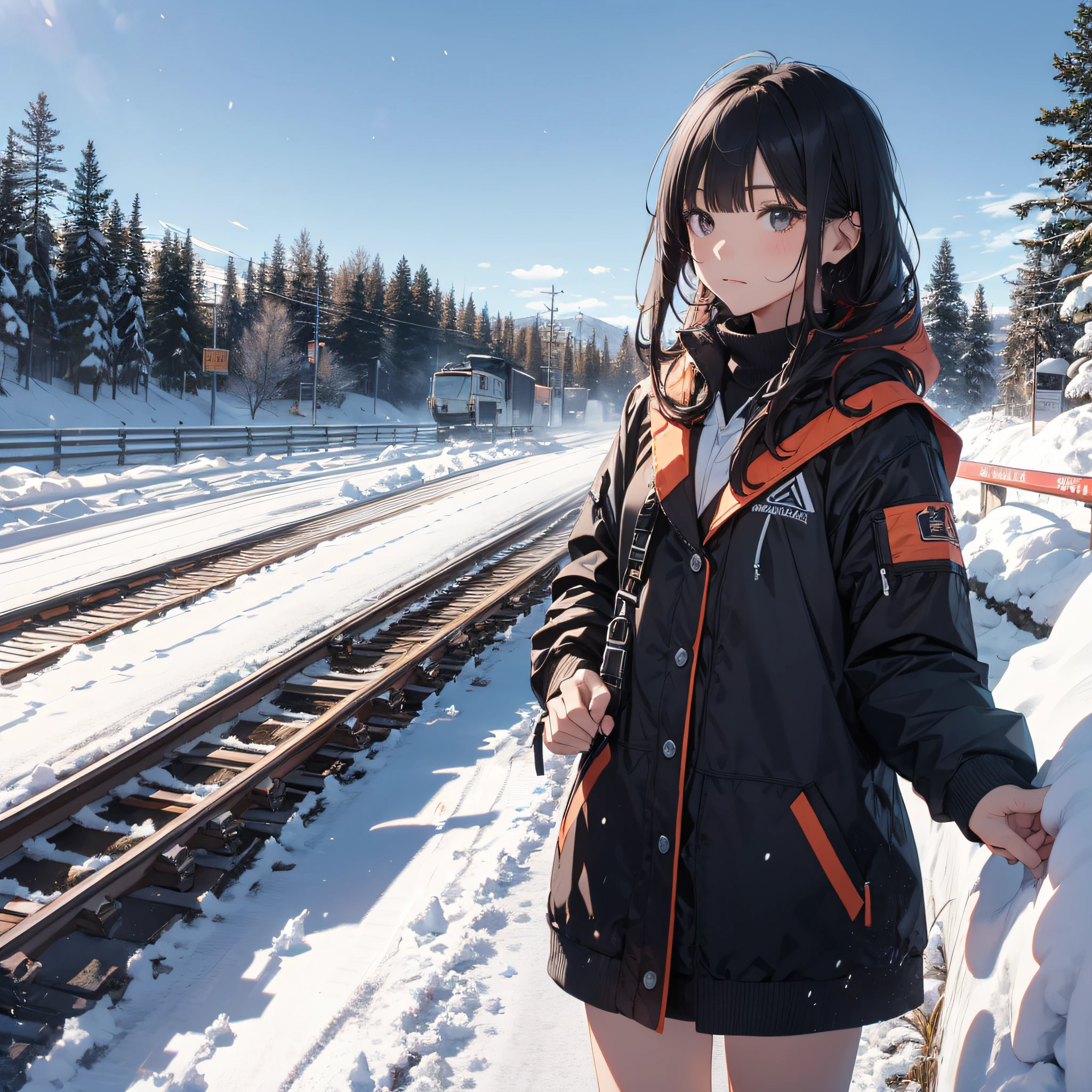 Ridiculous resolution,A high resolution,(tmasterpiece:1.4),Hyper-detailing,On the course track,are standing,nevando,snowfield,A black-haired young woman dressed in a school costume,Reached,aggrieved look