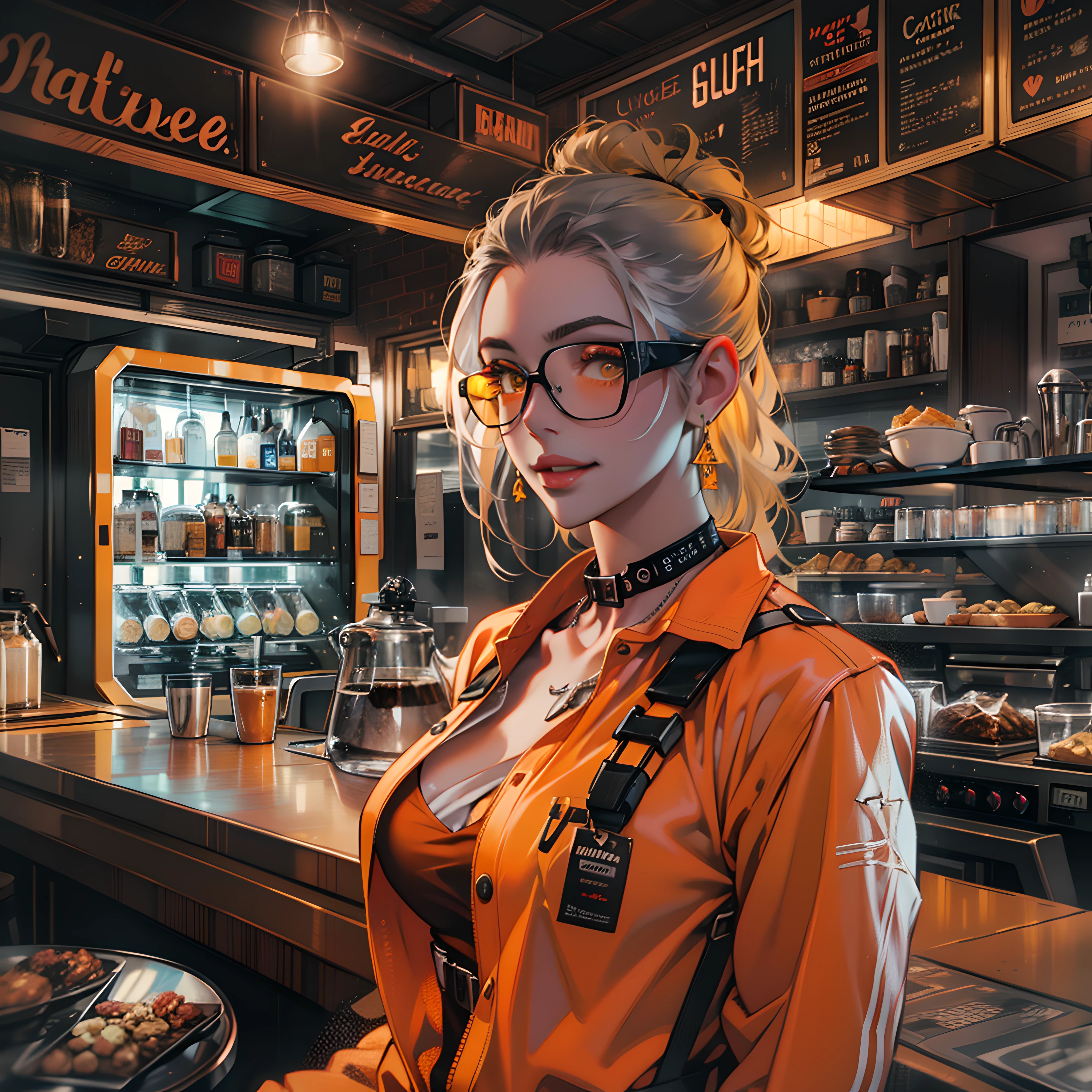 Best quality，tmasterpiece，Ultra-high resolution fills the picture，Indoor at night，Cafe in the sky,Orange color scheme for the café,There was coffee and wine,the night,inside in room，Coffee machine,Coffee lockers,Orange neon color scheme,Silver-white hair，Black fashion clothing，Orange and black matching outfits,boxer，Cafe beautiful girl，cyberpunk backgrouns,The background is colorful，Lateral face，Smiling，Various laid-back poses，Perfect makeup，Love eyes，8K quality，cyber punk perssonage，sense of science and technology，Character backlighting，rim-light，Movement changes，Flowing hairstyle，Loose hairstyle,The number of fingers is refined，The most beautiful girl in mankind，Wear a headband，Luminous accessories,Luminous earrings,Wear delicate accessories,Delicate close-up of the face，Realistic image quality，Super light and shadow，Very good figure，Meticulous，Have a cup or coffee on the roof in the evening，Very good figure，Raised sexy,luminous,Cool，Very stylish café,Cafe at night,Ray gorgeous,Have food,Laugh happily,