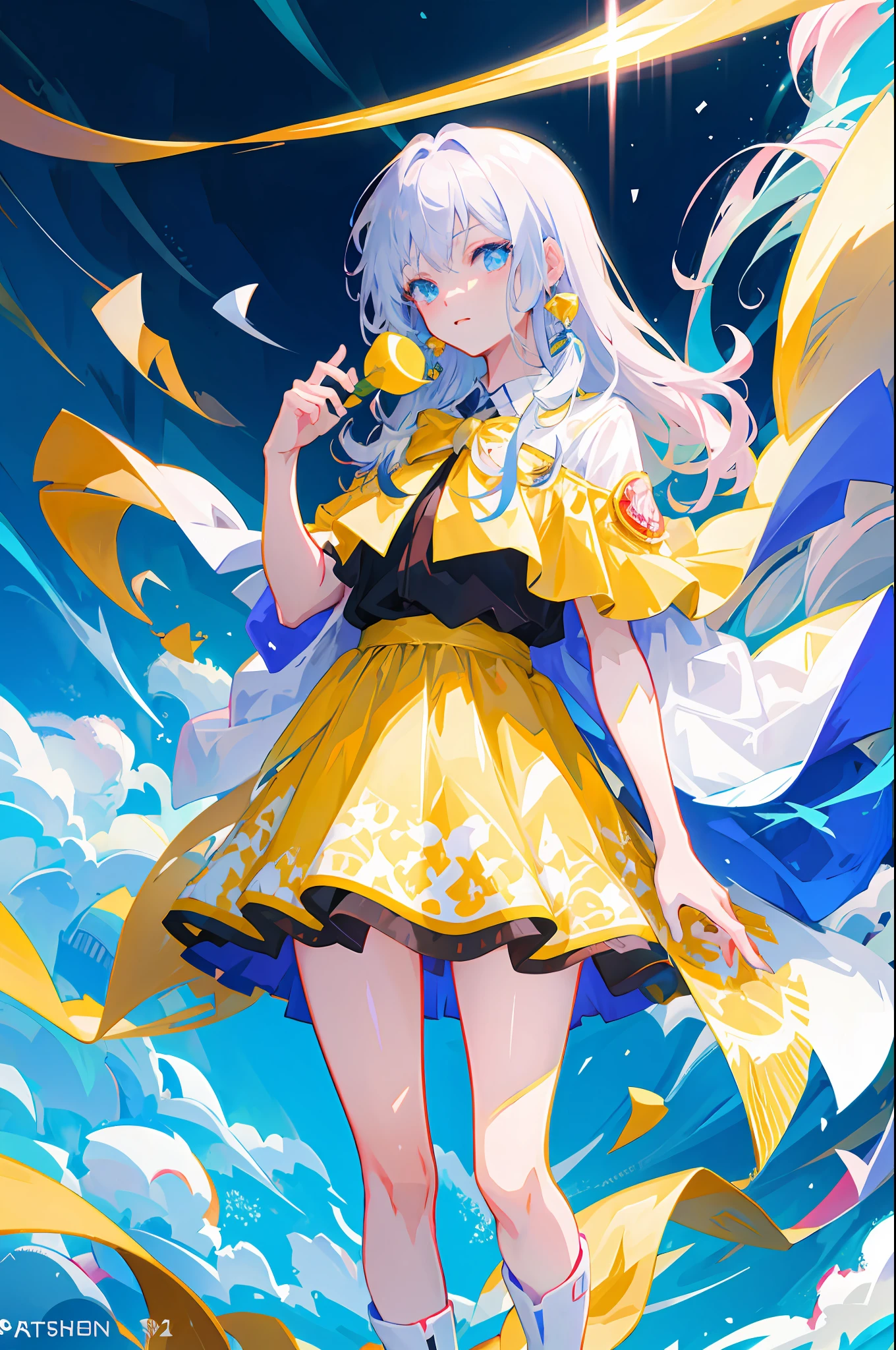 Anime girl with long white hair and yellow cape holding a yellow object, style of anime4 K, White-haired god, Anime art wallpaper 8 K, Best anime 4k konachan wallpaper, Anime fantasy illustration, Anime art wallpaper 4k, Anime art wallpaper 4 K, trending on artstation pixiv, Digital art on Pixiv, zerochan art, anime illustration