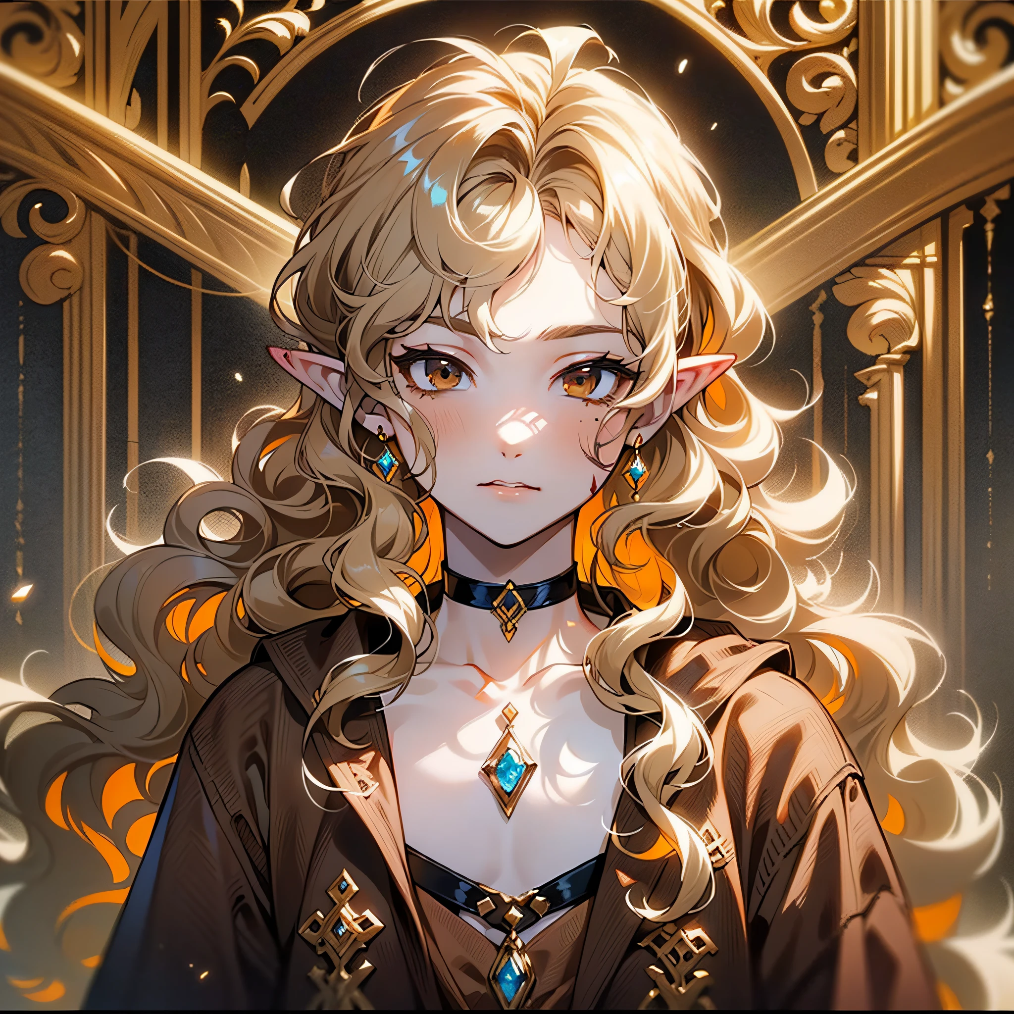 (young man), (((one person))), (((single))), (((solo))), (slim body), (((flat chest))), ((pale skin)), (((light blonde hair))), ((pointy ears)), (((very poofy hair))), ((very fluffy hair)), (((wavy hair))), (((very long hair))), ((full hair)), (((dark brown colored eyes))), (((dark brown eyes))), cute face, ((fantasy style)), (((brown choker))), (brown colored choker), (((male))), guy, boy, (((wearing fantasy style clothes))), (((patterns on the clothes))), magic, (((brown colored clothes))), (((brown clothes))), embroidery on clothes, ((small gemstone on the choker)), blood splatters on face, blood stains on clothes, blood splatters