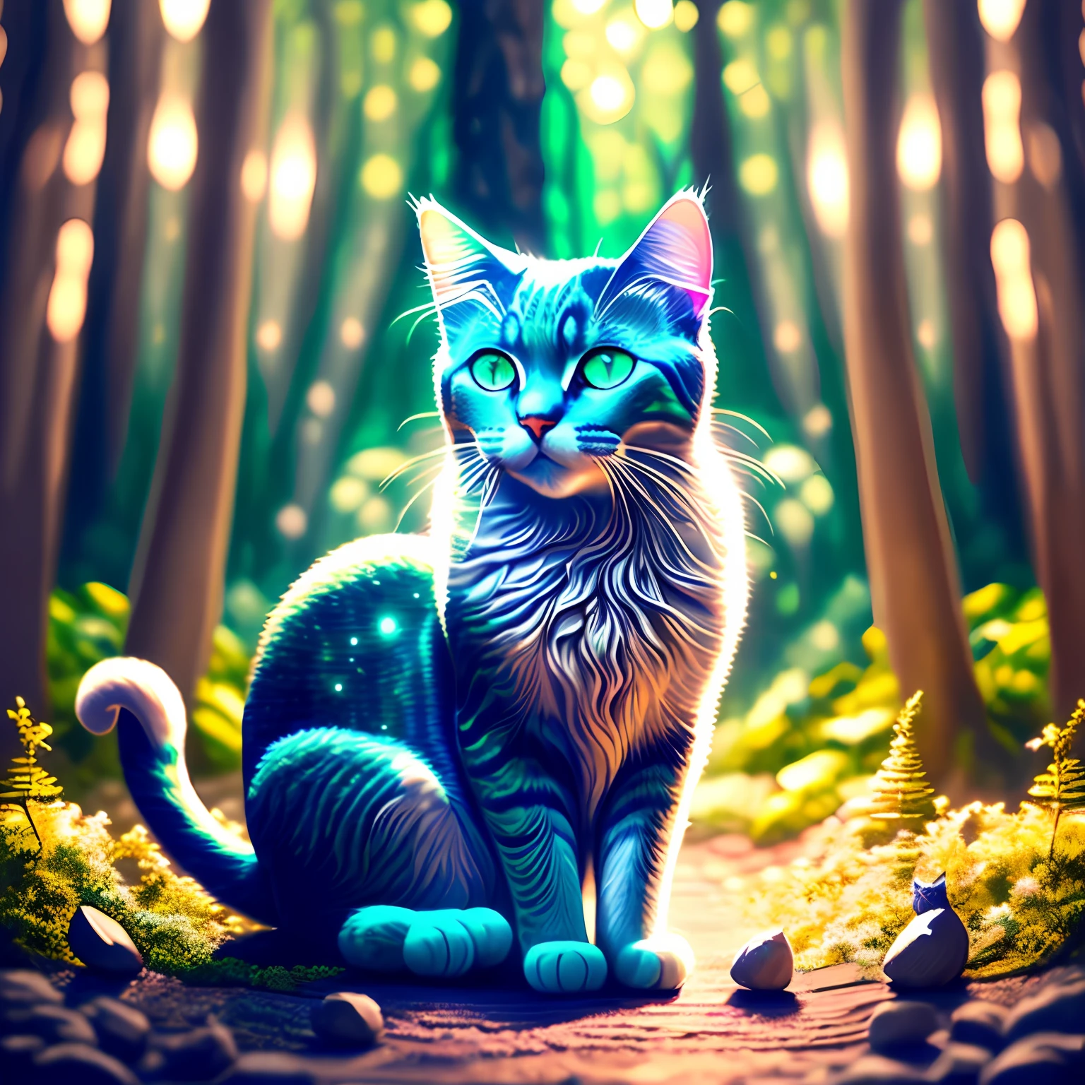Imagine a magical, mythological cat. The feline is not your ordinary house cat, but a creature of legend, with an ethereal glow that seems to emanate from its very being. Its fur is a shimmering silver, reflecting the colors of the cosmos. Its eyes are deep pools of emerald green, filled with ancient wisdom. The cat is perched on a mossy stone, surrounded by an enchanted forest. The lighting is soft and mystical, casting long, dancing shadows. The colors are rich and vibrant, with a palette that includes deep greens, bright blues, and the silver of the cat's fur. The shot is taken with a high-resolution 16k camera, using a 50mm lens to capture every detail of the scene. The composition is centered on the cat, with the forest providing a beautiful, natural backdrop. --ar 16:9 --v 5.1 --style raw --q 2 --s 750 --auto