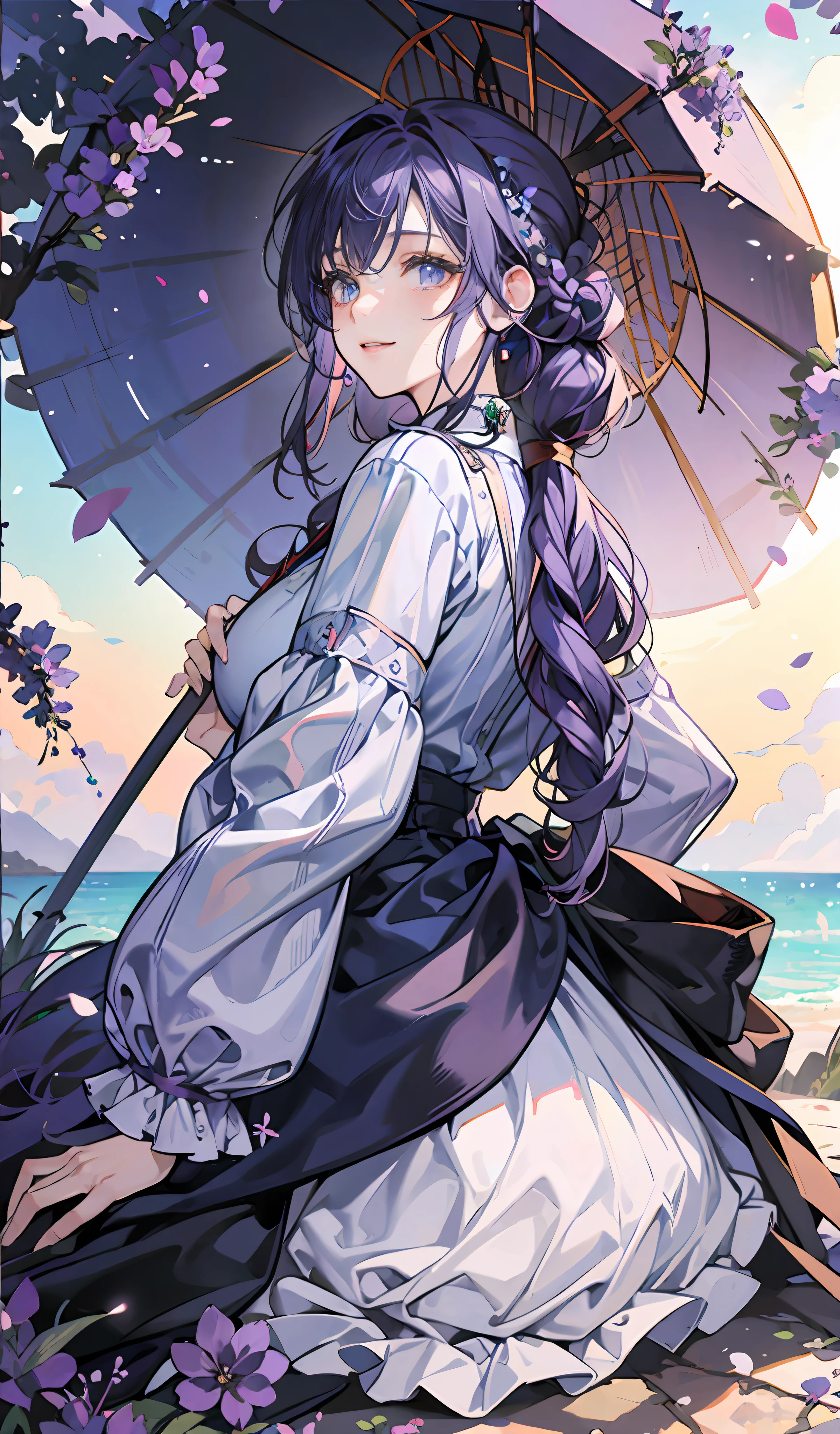 Sea of violet flowers,Blue clothes and purple edges,Long lavender hair,big breasts beautiful,eyes with brightness,long light purple hair,holding a umbrella,Kizi,in a panoramic view,s the perfect face,A shallow smile,orthofacial,