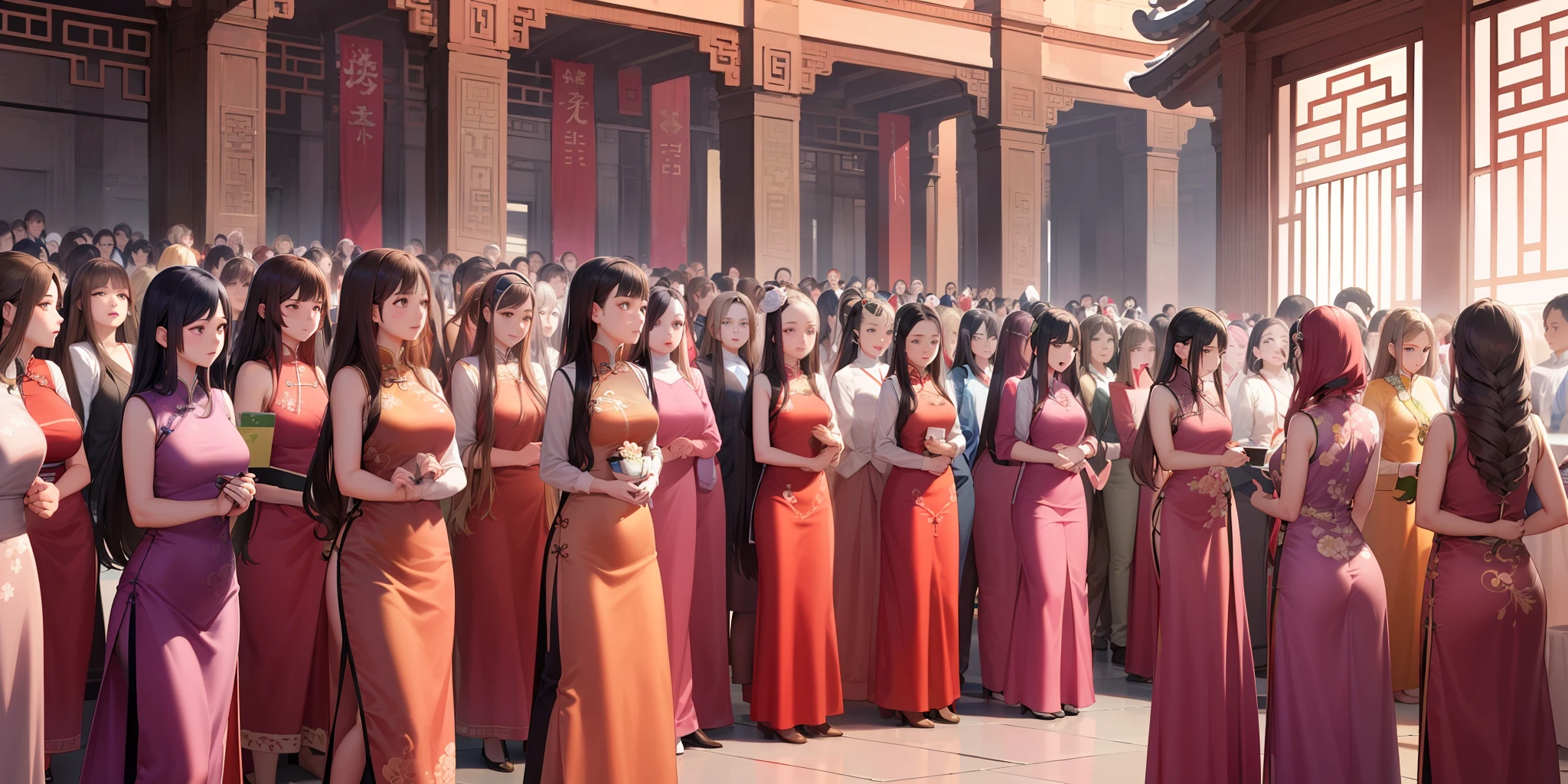100girls,crowded, long hair, brown hair, curly hair, hazel eyes,chinese dress,sexy, rows of girls, girls standing in formation, only girls