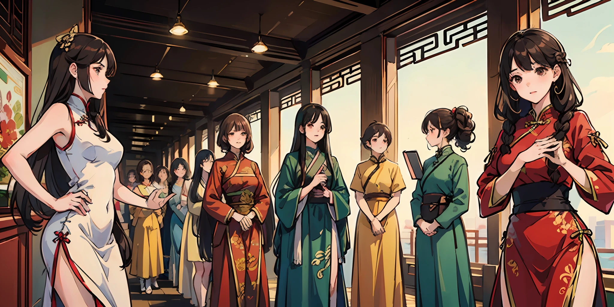 100girls,crowded, long hair, brown hair, curly hair, hazel eyes,chinese dress,sexy, rows of girls, girls standing in formation --auto