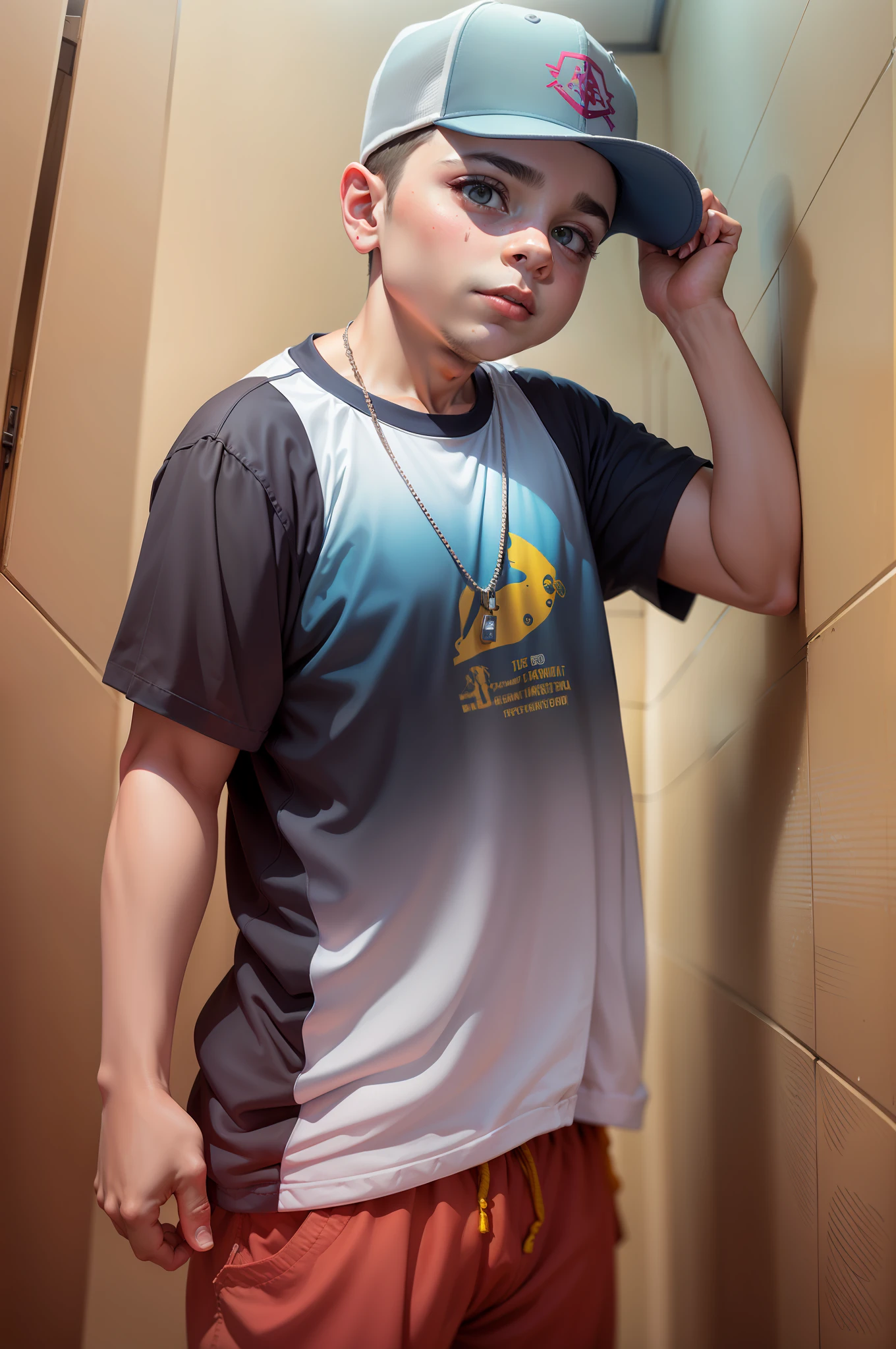 ((melhor qualidade)), ((obra-prima)), (altamente detalhado:1.3), ...... Theomazv Um garoto de 10 anos de idade vestindo um casaco com capuz, estilo urbano, hip hop style, altamente detalhado, rosto detalhado, cinematic lighthing. De fundo uma parede com pintura em graffiti. Use o rosto de Theomazv, rosto detalhado, maximalista.