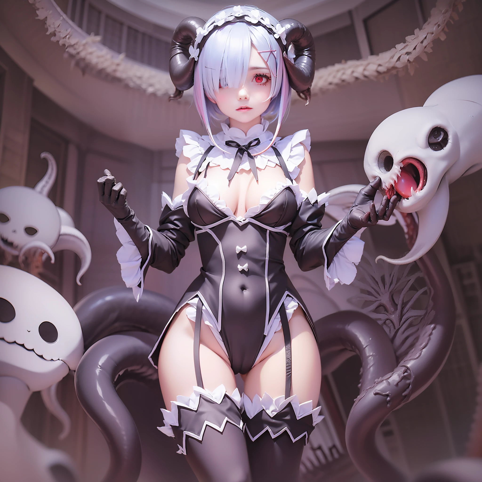 masterpiece, top-quality, Hi-Res, ram, (((Ram(Re:Life in another world starting from scratch)))), (((((Evil Fall))))),(((((((Creatureization))))))), (((((Parasitized))))),(((((tentacle clothes))))), (((Leotard))), (Hollow eyes), (((Colossal tits))), (((neck tie))), (((1girl in))), ((独奏)), (((Standing picture))),A pink-haired, white thighhig, (((short-hair))), red eyes, Hair above one eye, ((frilld)), ((garter strap)),full-body view, Expressionless evil,Parasitic tentacles,Tentacle