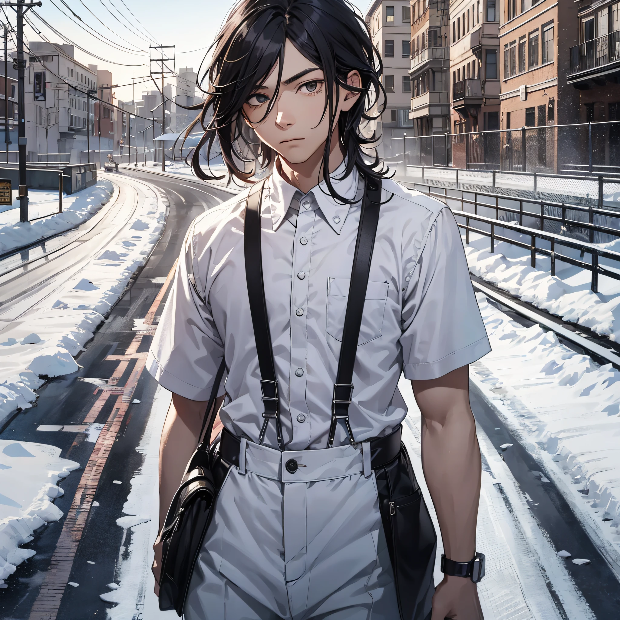 Ridiculous resolution,A high resolution,(tmasterpiece:1.4),hyper-detailing,On the course track,are standing,nevando,snowfield,The young man had messy black hair,White suspenders,serious expressions