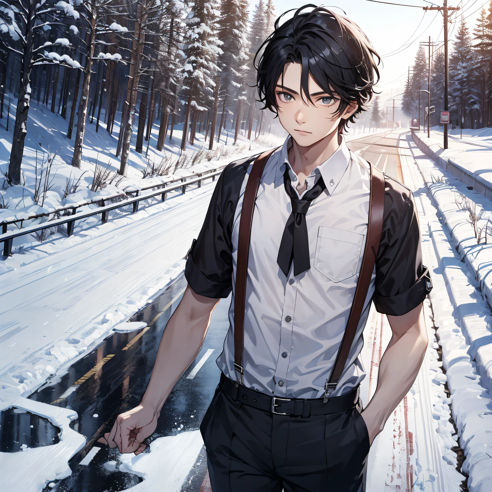 Ridiculous resolution,A high resolution,(tmasterpiece:1.4),hyper-detailing,On the course track,are standing,nevando,snowfield,The young man had messy black hair,White suspenders,serious expressions
