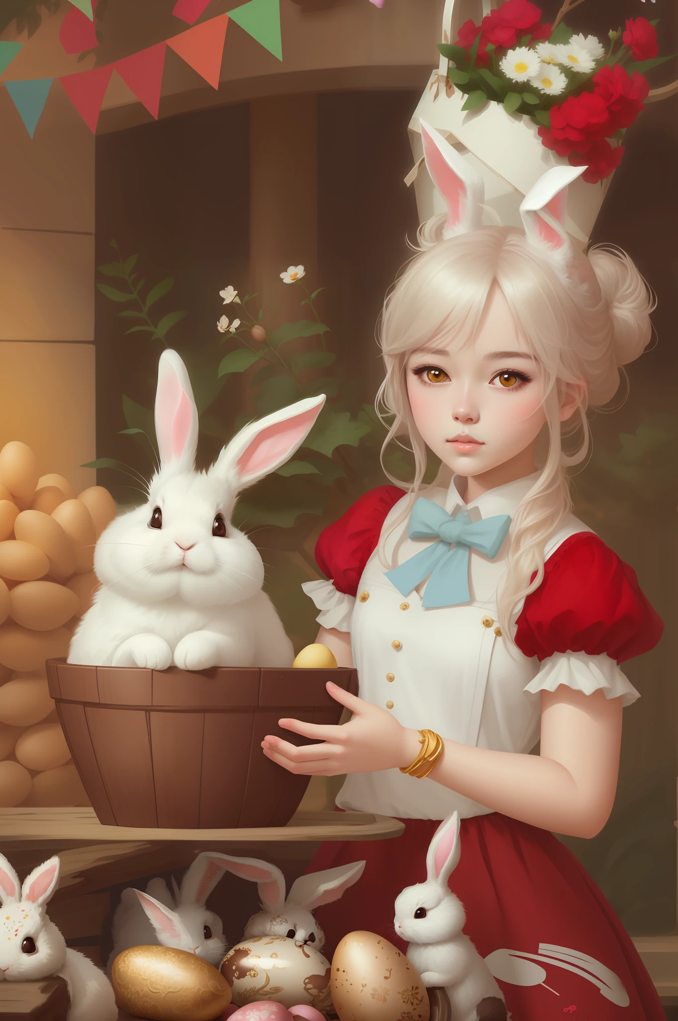 There is a girl with a bunny and a basket of chocolate eggs, guweiz, artwork in the style of guweiz, guweiz on pixiv artstation, Vlop and Sakimichan, bunny girl, guweiz on artstation pixiv, ultrarealistic sweet bunny girl, White Rabbit, [ 4K digital art ]!!