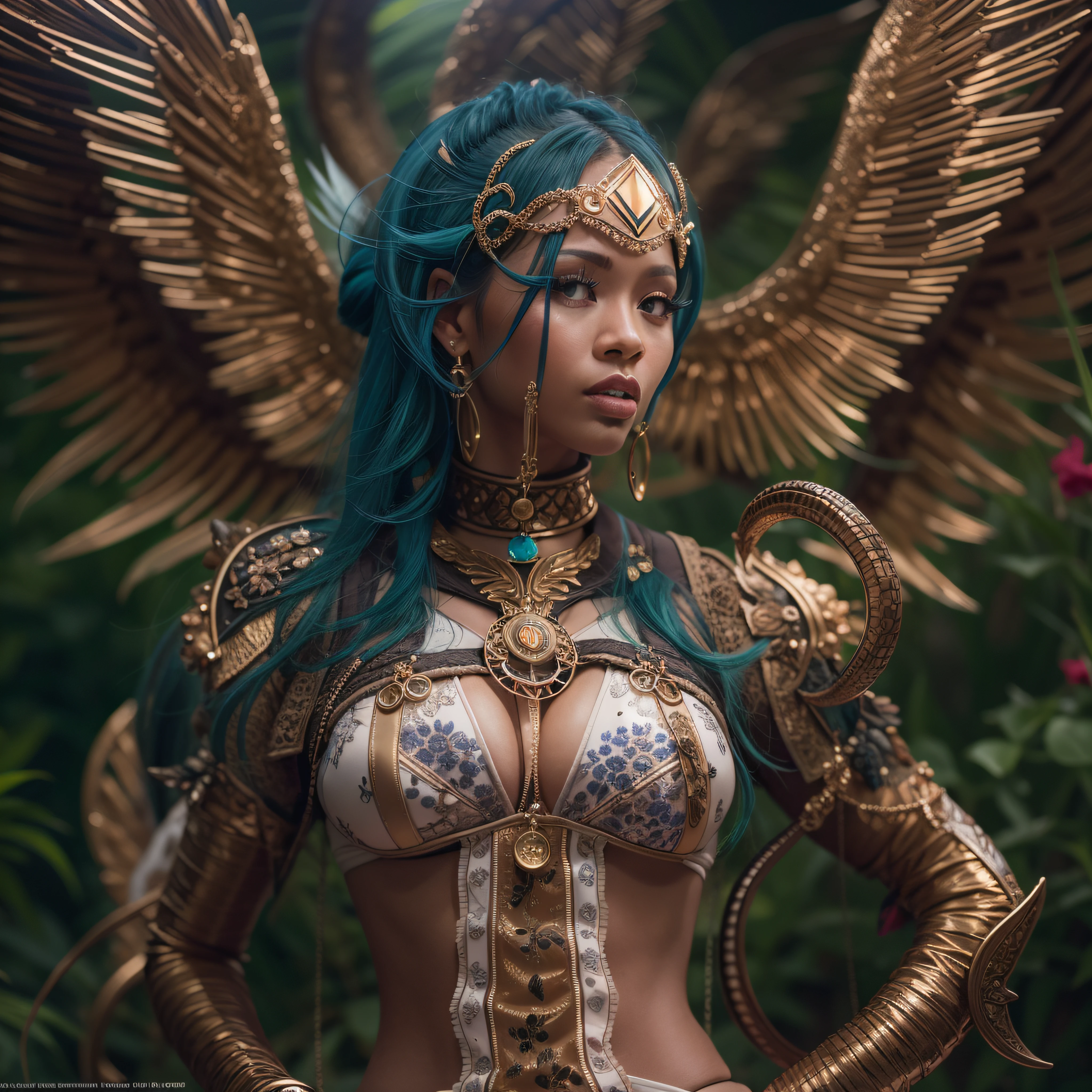Caduceus Hermes Greek mythology wand olive laurel surmounted wings surrounded intertwined snakes Medusa_hairs_Snakes Outdoor Nature "Ouroboros" Forest Natural Queen Native éblouissantes Valkyrie-wings clef chains "Heavy Metal" Will-o'-the-wisp Fire-follets fairy pixie sprite conceptual safe female glamour aesthetic walking slow motion Cosplay "Nicki Minaj":1.5 "Rihanna":1.5 "beyonce":1.5 aristocratic jacket 38years symmetrical athletic bronzé hairstyle_snakes:1.5 obvious varied ecstatic fringes:1.5 visages:1.5 cheekbones effects reddened embarrassed lazuli water drop between eyes beautiful hair:1.5 Brown Eyes Pupils Black Iris Turquoise Sapphires Open Mouth Teeth Smiles Floating Jacket Fixed Pearls Eccentric Cape Levitating Shoulders-Off:1.2 chemise blanches dentelles clavicules papillotes varied breasts1.5 points:1.3 satin sideboob felt bikini:1.5 corsait:1.5 spinels thick navy leather skirt:1.5 soies assortie amples nombril:1.3 revealing pubic scarlet pubis-hairy obvious indigo underwear:1.5 Size chastity belt:1.3 silver adorned padlock Gold thighs legs garters Gothic stainless steel boots decorated onyx equirectangular 360 monastery opal marble ruby background:1.5 DoF mannequins lantern dressed armor richly decorated:1.5 "Chevaleresque" dramatic chrome metallic flat bands fathoms brass fullbodye lys rune ornate emerald plasma embroidered glyphs Tourmaline wood engravings lava magic intricate:1.5 summons snake incandescent Crystalline familiar robot Mecha (EOS R6 135mm 1/1250s f/2.8 ISO400) Mech Mechanized snakes flowering Quetzalcoatl:1.5 Adaptable volumetric luminescence saturated:1.5 ultra:1.5 pro-photorealists:1.5 optimaux:1.5 qualities:1.5 details:1.5 precise:1.5 reflex:1.5 resolutions:1.5 3dcg max:1.5 graduates:1.5 improved:1.5 Octanes_rendues:1.5 UHD XT3 16K DSLR HDR UnrealEngine5 profondeurs:1.5 Earth Heart:1.5 Hearth ultra_sharpness:1.5 ombres analogiques:1.5 CGSCOSITY pet chef-d':1.5 "Bruce Weber girls" multi etc.