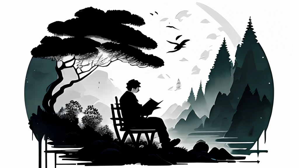 fundo branco, There's a man sitting on a square bench reading a book. cercado de arvores  ao redor, ink illustration, Artistic illustration, pintura de tinta preta, black ink illustration, high contrast illustrations, high contrast illustration, ink illustration, arte de tinta, Illustration art, illutstração, pintura a tinta, painting illustration, poster illustration, Illustration by spot, illustration!, art illustration, illustration », illustration painting