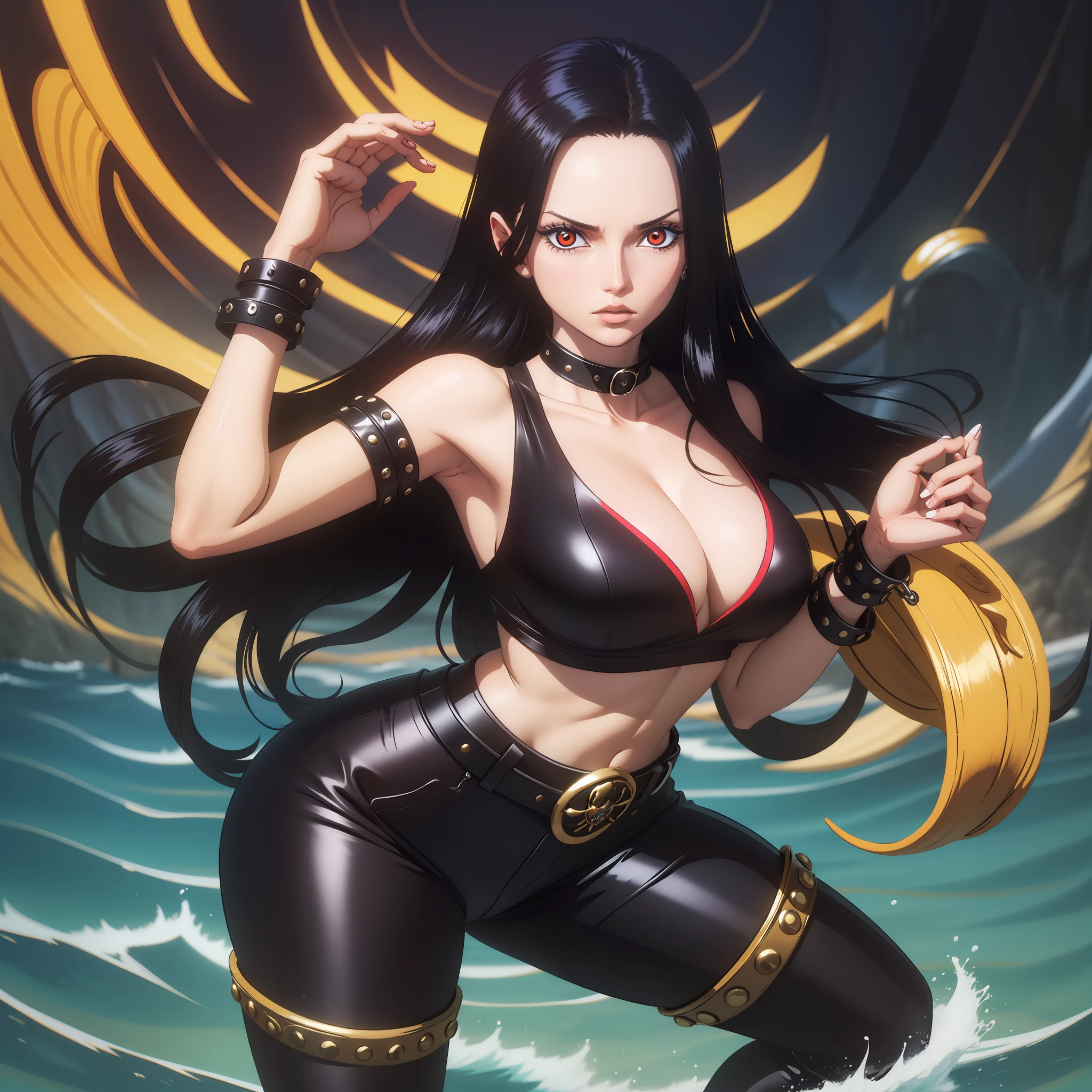 melhor qualidade, Red-eyed woman with long hair medium breasts top black medium belt black bright red eyes, cabelo preto, colar, pose fofa, black collar high black pants, frightened expression side pose, batom vermelho na boca, dentro de um navio, em alto mar, mar atras, Olhos vermelhos, cabelo longo pretos, olhos vermelhos brilhantes, pirata, navio de pirata, arqueologa colar, bracelete, usando oculos de arqueologa, boa hancok Cobra amarela pose sensual pose para foto nico robin cobra com escamas amarelas
