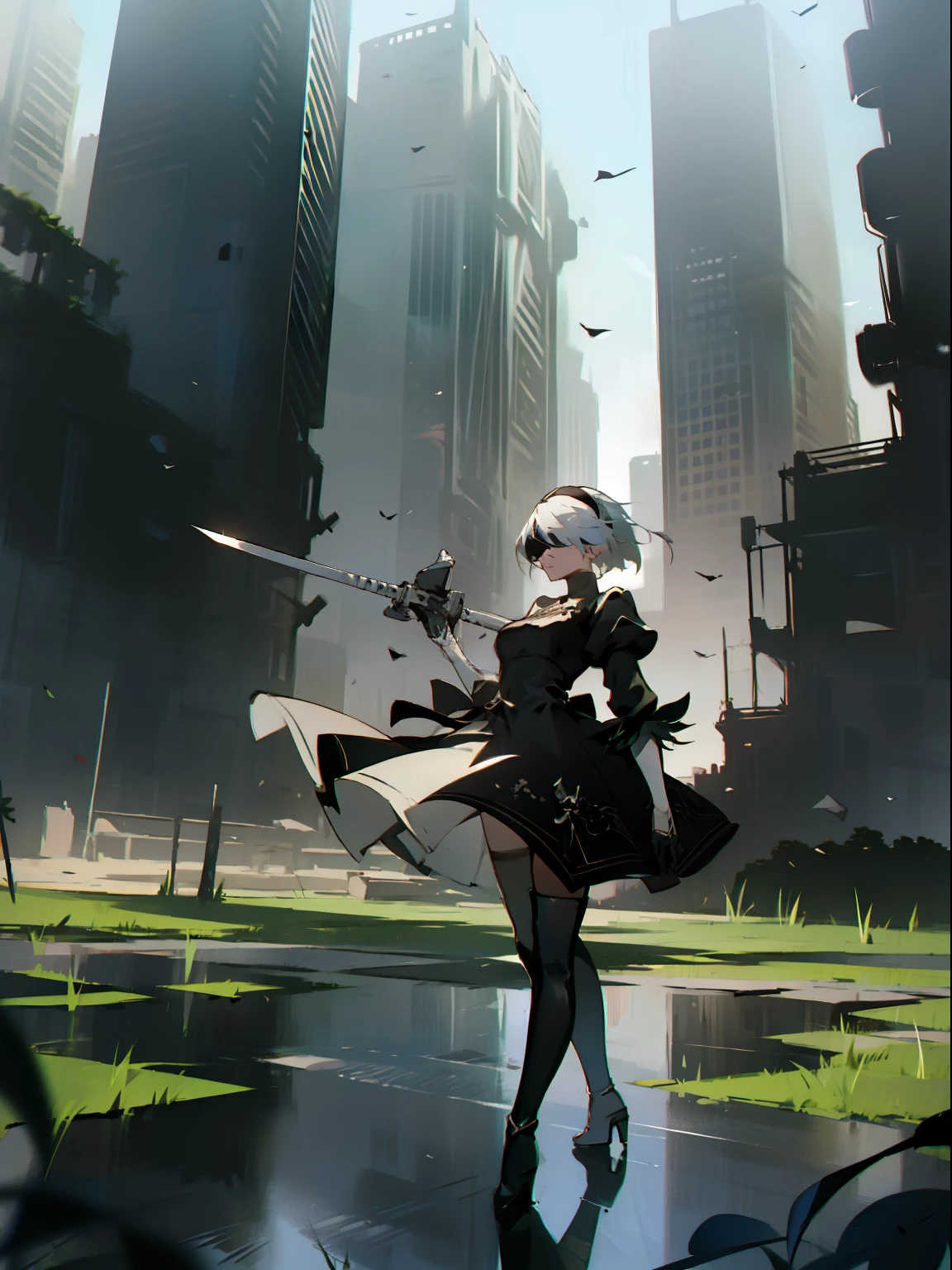 masterpiece, best quality, detailed face, extremely detailed, yorha no. 2 type b, 1girl, solo, absurdres, 8k, White hair, silver hair, black blindfold, black dress, black hairband, blindfold, eye highlights blue sky, boots, building, city, cloud, covered eyes, debris, dress, feather-trimmed sleeves, feather trim, gloves, grass, hairband, high heel boots, high heels, highres, juliet sleeves, katana, leather, leather boots, long sleeves, nier \(series\), nier automata, outdoors, overgrown, pod \(nier automata\), post-apocalypse, puddle, puffy sleeves, rubble, ruins, scenery, sky, thigh boots, thighhighs, thighhighs under boots, water, Leaves dancing in the wind