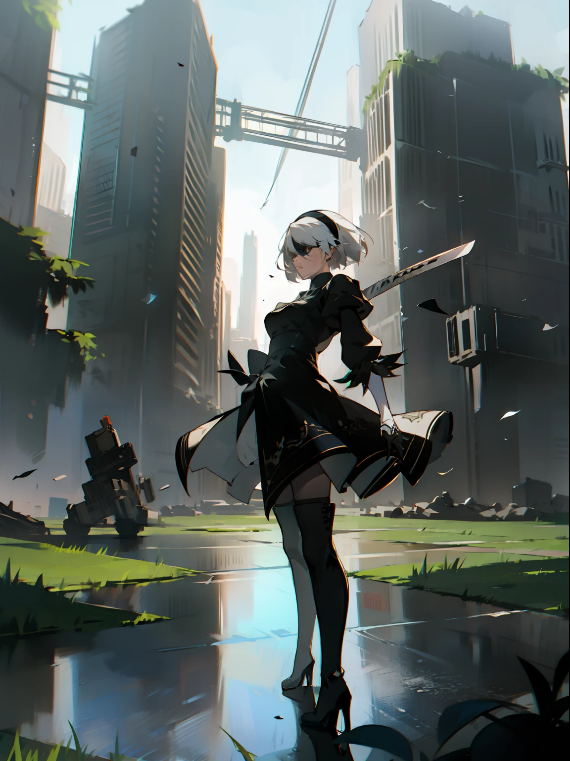 masterpiece, best quality, detailed face, extremely detailed, yorha no. 2 type b, 1girl, solo, absurdres, 8k, White hair, silver hair, black blindfold, black dress, black hairband, blindfold, eye highlights blue sky, boots, building, city, cloud, covered eyes, debris, dress, feather-trimmed sleeves, feather trim, gloves, grass, hairband, high heel boots, high heels, highres, juliet sleeves, katana, leather, leather boots, long sleeves, nier \(series\), nier automata, outdoors, overgrown, pod \(nier automata\), post-apocalypse, puddle, puffy sleeves, rubble, ruins, scenery, sky, thigh boots, thighhighs, thighhighs under boots, water, Leaves dancing in the wind