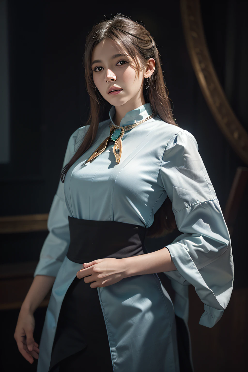 Hyperrealist portrait of female by david hockney and alphonse mucha,fantasy art, photo realistic, dynamic lighting, artstation, poster, volumetric lighting, very detailed faces, 4 k, award winning,, 1girl, in the dark, deep shadow, low key,cowboy shot,(official clothing:1.4) ,long hair,white hair,