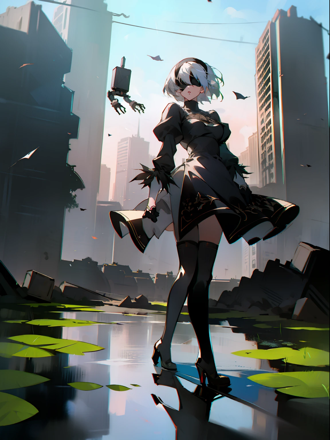 masterpiece, best quality, detailed face, extremely detailed, yorha no. 2 type b, 1girl, solo, absurdres, 8k, White hair, silver hair, black blindfold, black dress, black hairband, blindfold, eye highlights blue sky, boots, building, city, cloud, covered eyes, debris, dress, feather-trimmed sleeves, feather trim, gloves, grass, hairband, high heel boots, high heels, highres, juliet sleeves, katana, leather, leather boots, long sleeves, nier \(series\), nier automata, outdoors, overgrown, pod \(nier automata\), post-apocalypse, puddle, puffy sleeves, rubble, ruins, scenery, sky, thigh boots, thighhighs, thighhighs under boots, water, Leaves dancing in the wind