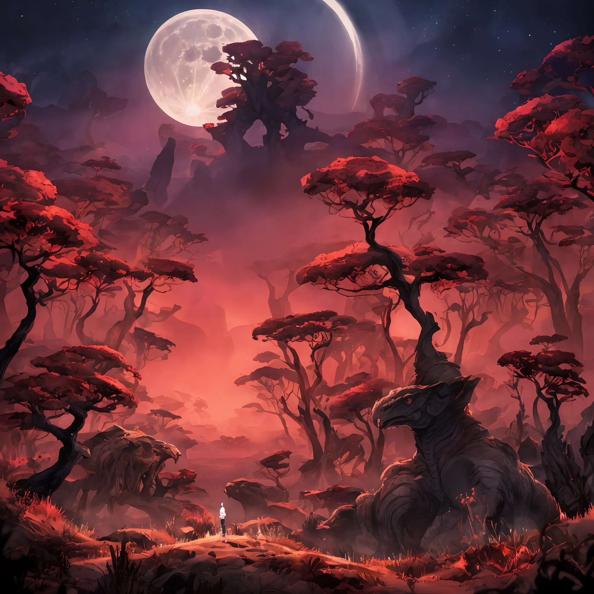 A man standing in front of a full moon, black church, red sky, bright white moon, half-blood background, forest background, beautiful iphone wallpaper, forest background, Earthbound 2 movie poster, iphone background, mobile game background, safari background, wild outside, epic background, lost world, in jurassic park movie, mobile wallpaper, mountain background, beautiful background --auto