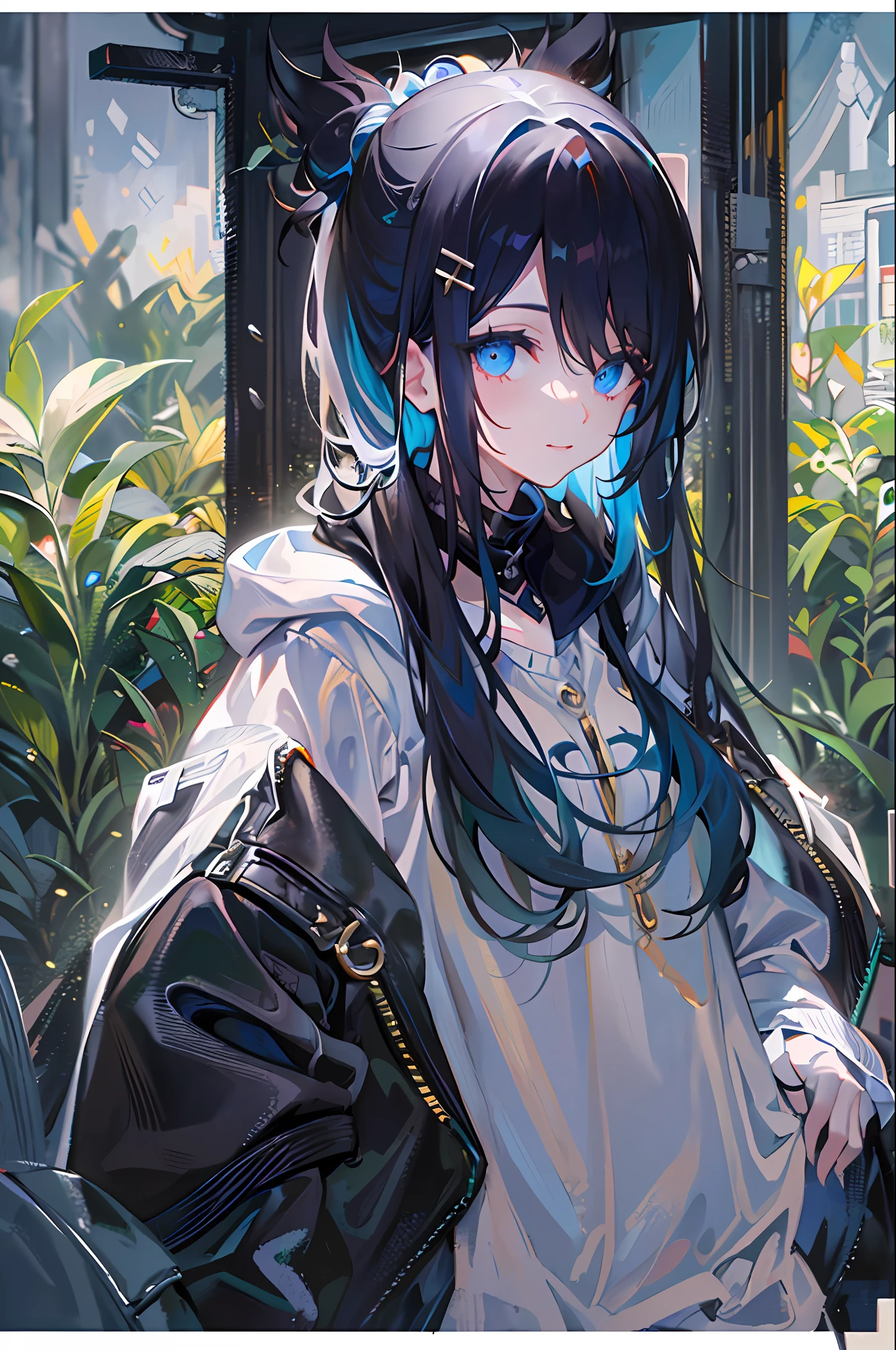 ((top-quality)), ((​masterpiece)), ((ultra-detailliert)), (extremely delicate and beautiful), girl with, 独奏, cold attitude,((Black jacket)),She is very(relax)with  the(Settled down)Looks,A dark-haired, depth of fields,evil smile,Cold background、Blue inner color hair