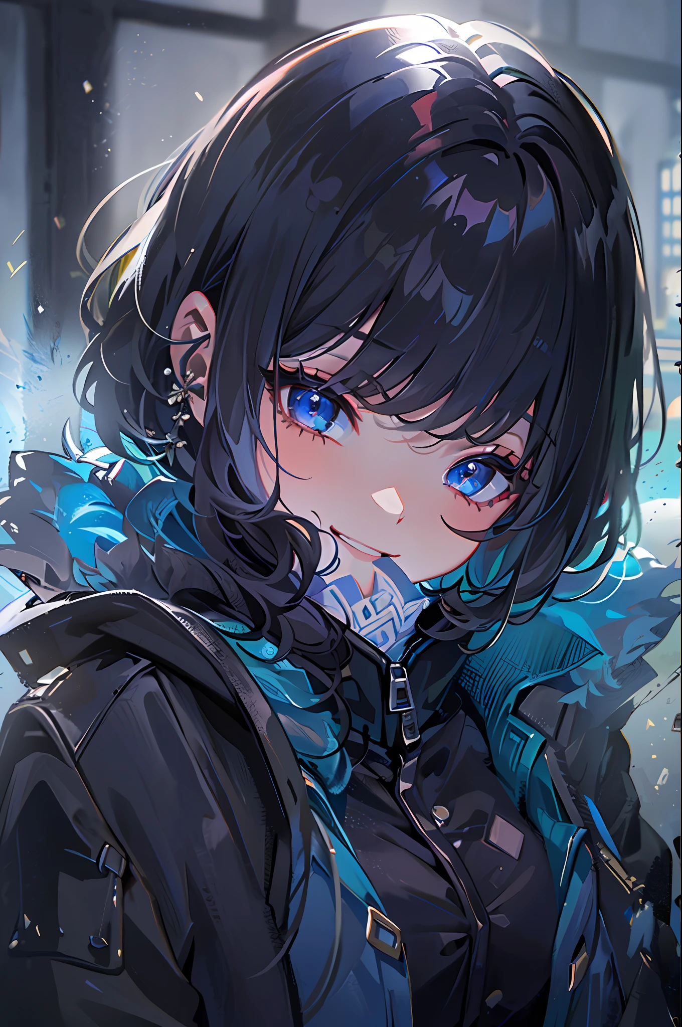 ((top-quality)), ((​masterpiece)), ((ultra-detailliert)), (extremely delicate and beautiful), girl with, 独奏, cold attitude,((Black jacket)),She is very(relax)with  the(Settled down)Looks,A dark-haired, depth of fields,evil smile,Cold background、Blue inner color hair