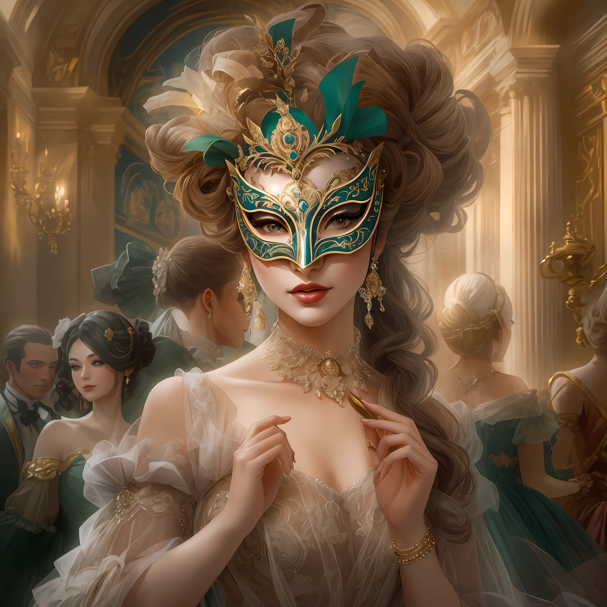 This image should be mysterious and realistically detailed, with high quality artwork. Generate a proud, beautiful woman from the 18th century wearing a stunning and intricately detailed silk ballgown adorned with lace and jewels. She is in the midst of an elegant masquerade ball at Versailles and surrounded by music, royal decor, and expensive details. ((The woman has an exquisite and ornate masquerade mask inspired by fantasy mythology.)) Her face is intricately detailed and realistic with puffy lips and a big mouth. Important: her eyes are important and are beautiful, with many realistic details, realistic shading, and multiple colors and shades. The setting is a magnificent masquerade ball, where aristocrats, socialites, and mysterious guests from far-flung lands gather for an unforgettable evening. From Venetian masks to elaborate feathered creations, each guest's disguise reflects their unique persona and unspoken desires. Immerse yourself in the allure of this 19th-century masquerade ball, where the elegance of a bygone era and the mystery of the masks combine to create an enchanting experience that will linger in your heart forever. Utilize dynamic composition to interest viewers. (((masterpiece))), intricate, elegant, highly detailed, majestic, digital photography, art by artgerm and ruan jia and greg rutkowski, (masterpiece, finely detailed beautiful eyes: 1.2), hdr, realistic skin texture, (((1woman))), (((solo)))