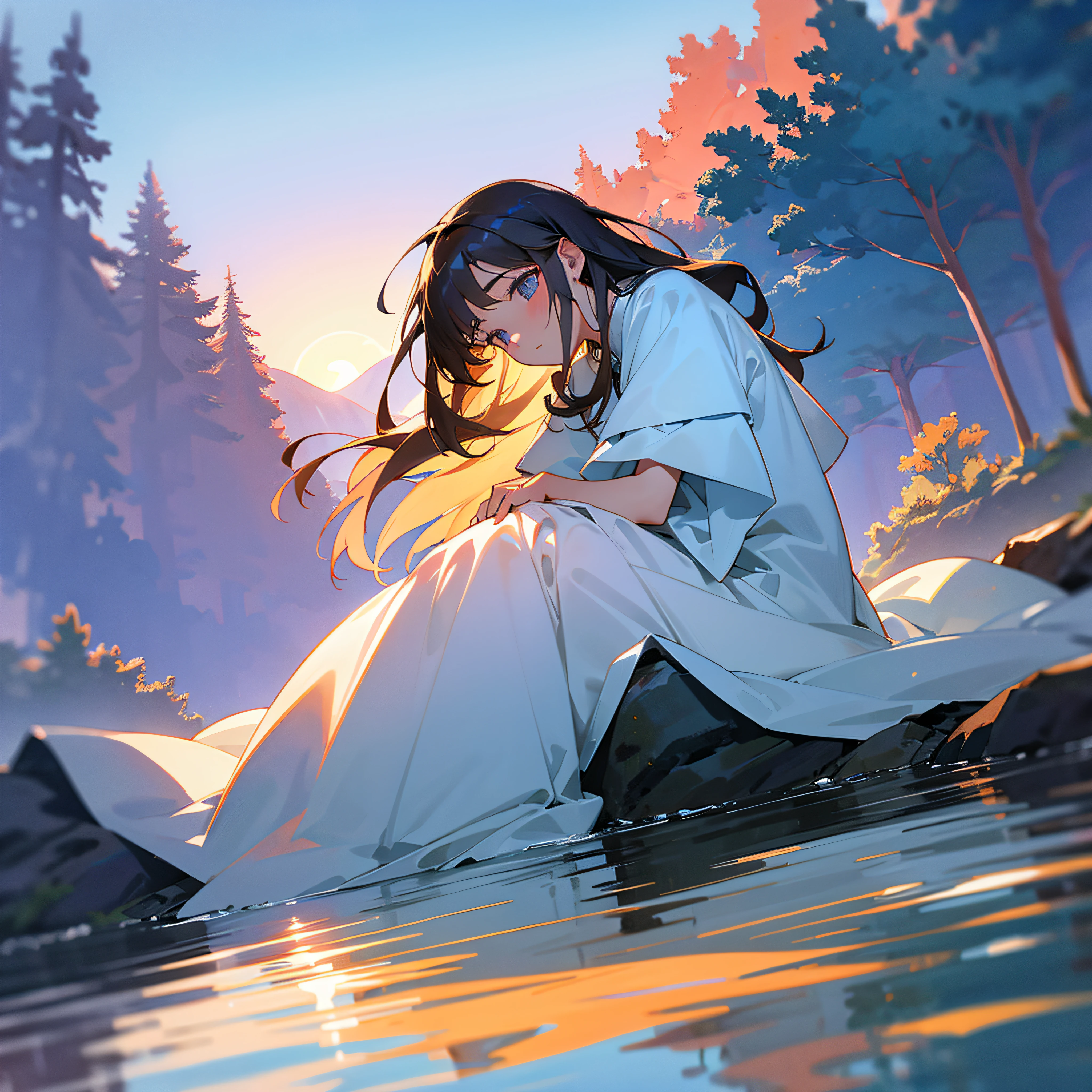 In the mountain stream under the setting sun, the girl in the white dress sat quietly on the blanket and looked at the sky --auto