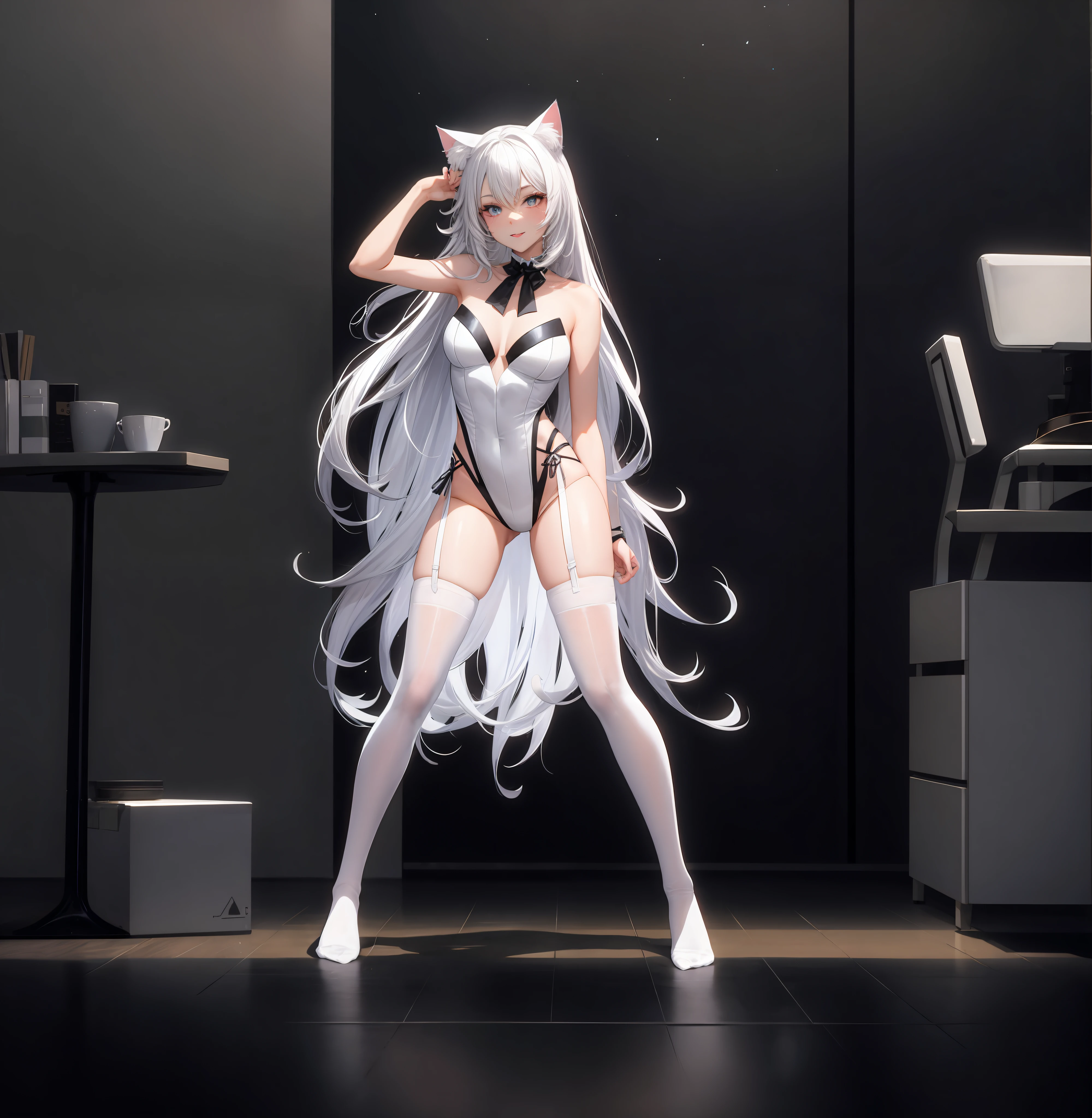 cat ear，white stockings，Sexy beauty，High- sharpness，without wearing shoes，Noble