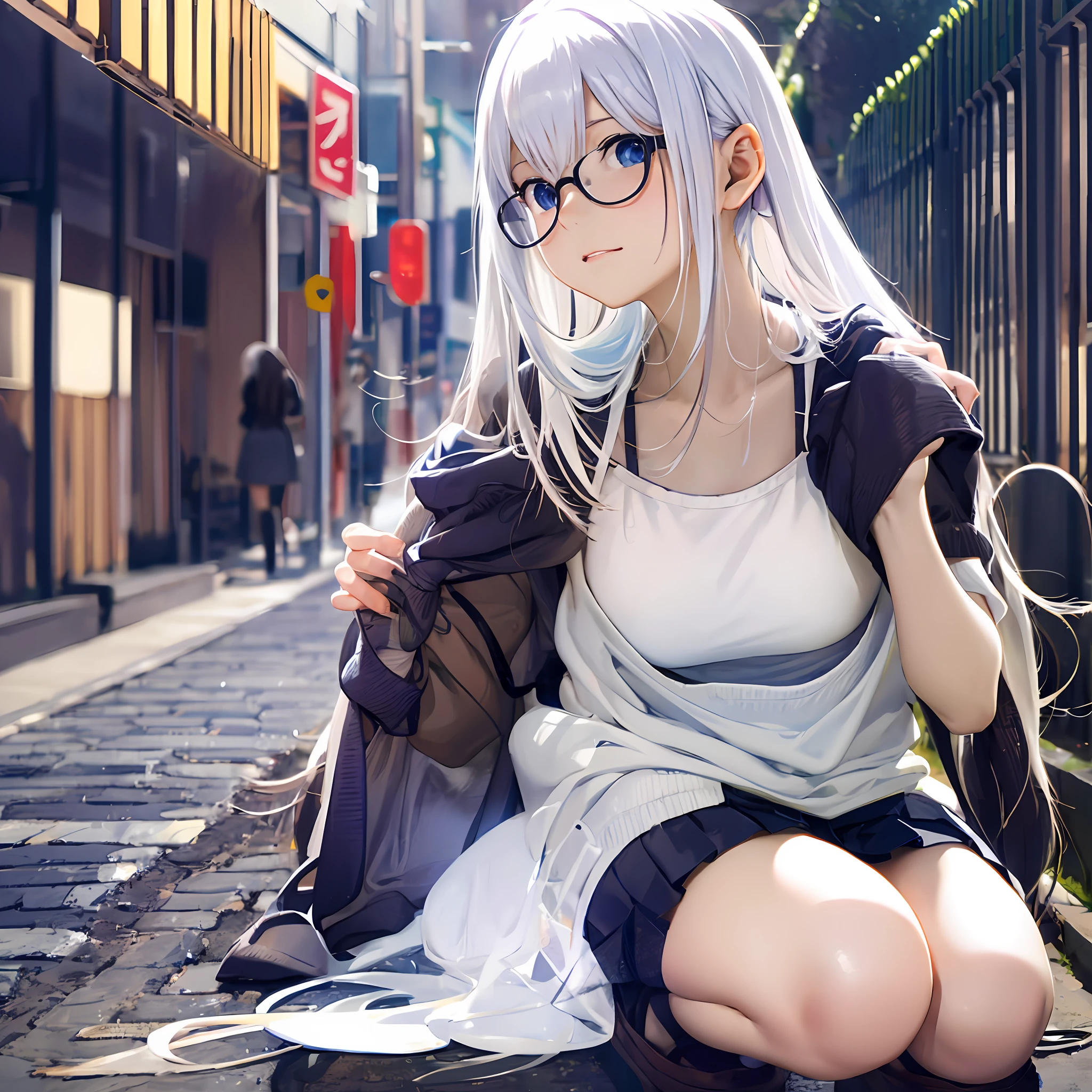 Anime girl sitting on the ground,Mobile phone in hand, Surrealism female students, White-haired woman, Fine details. Girl front, Surrealism female students, Realistic schoolgirl, light novel cover art, Beautiful Anime High School Girls, white haired Cangcang, the anime girl is crouching,Shy,smallunderboob,Wearing a white sports bra with a bear cub,With round-rimmed glasses