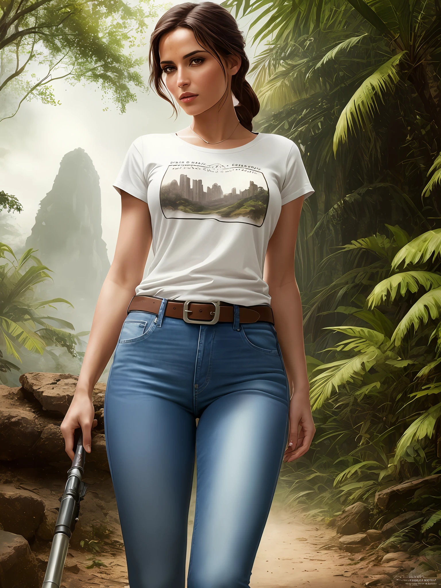 a beautiful cinematic masterpiece portrait of Tirkish as lara croft from tomb raider, covered in dirt, treasure hunter, ((normal basic teeshirt shirt, tight jeans)), with a complex jungle background with ancient jungle ruins, by gil elvgren, by frank frazetta, by greg rutkowski, trending on artstation, featured on pixiv, hyper detailed, beautiful studio lights, intricate elegant digital painting, cinematic composition, dramatic pose, smooth, sharp focus, (((professional photography))),dappled light, romantic, HDR, highly detailed, hasselblad, 8k, hyper realistic, eye level shot, f1.4 aperture, 8mm film grain, cinestill 800, full body Teeshirt,