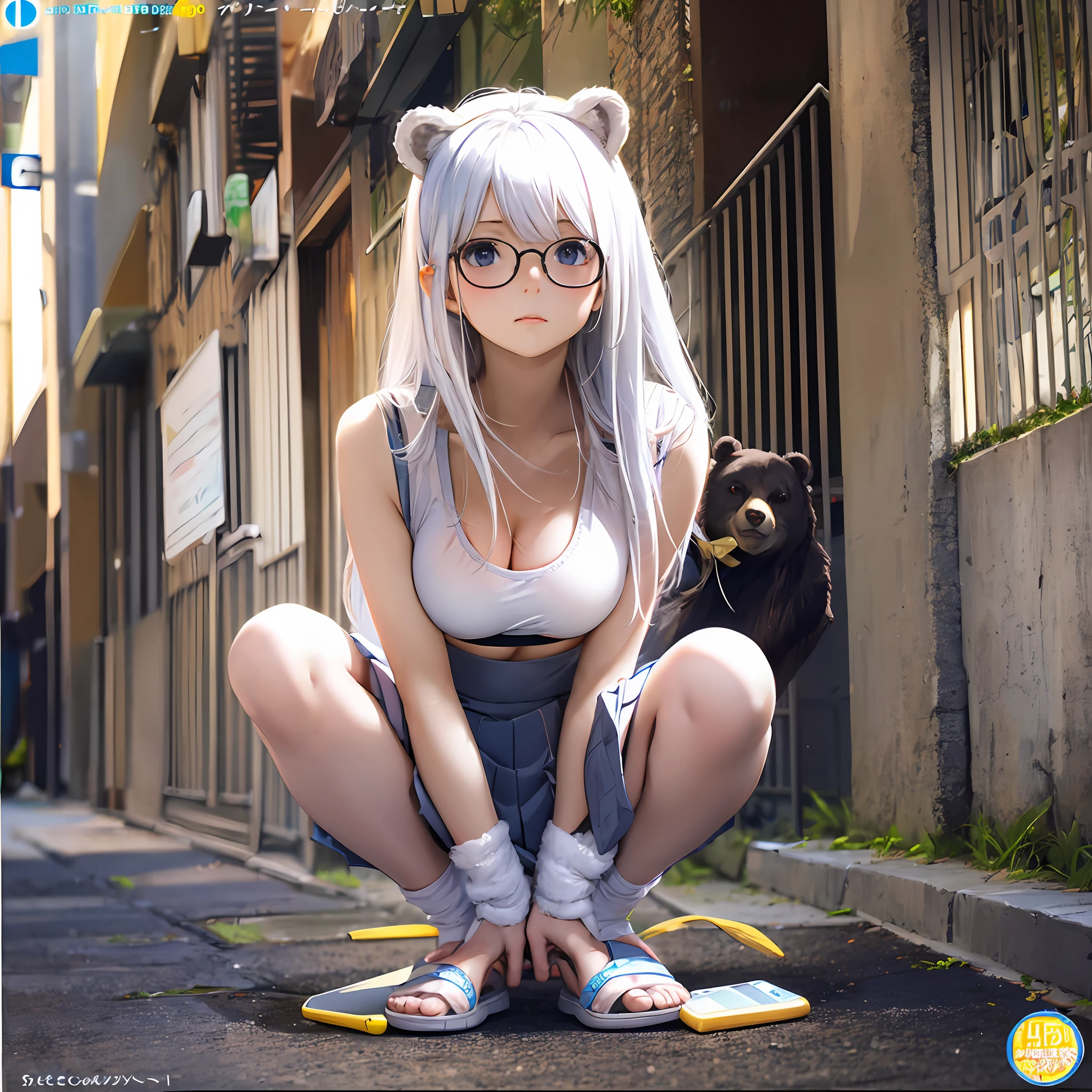 Anime girl sitting on the ground，Mobile phone in hand, Surrealism female students, White-haired woman, Fine details. Girl front, Surrealism female students,  Realistic schoolgirl, light novel cover art, Beautiful Anime High School Girls, white haired Cangcang, the anime girl is crouching,Shy,smallunderboob,Wearing a white sports bra with a bear cub,With round-rimmed glasses