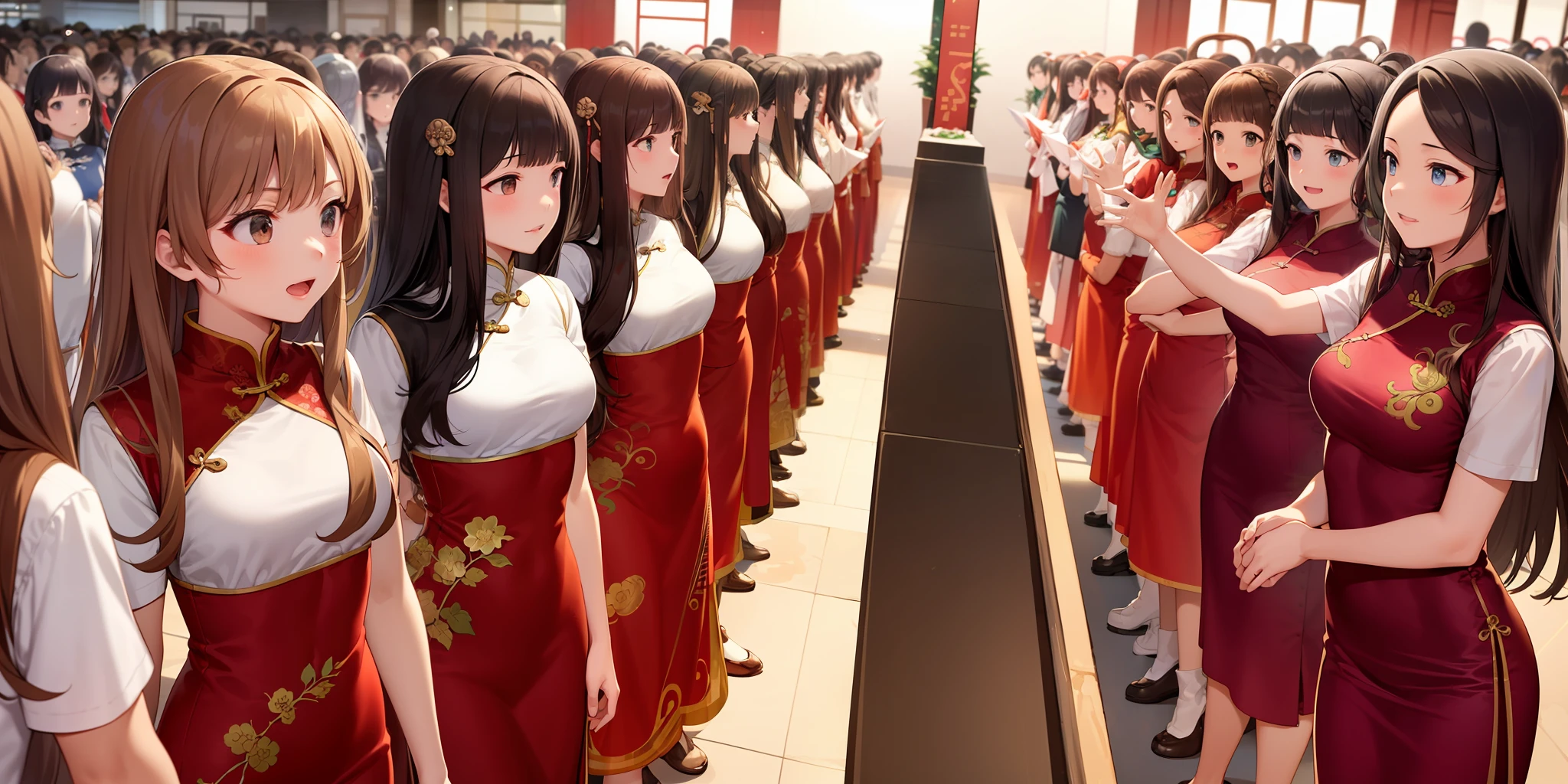 100girls,crowded, long hair, brown hair, curly hair, hazel eyes,chinese dress,sexy, rows of girls, girls standing in formation, only girls, sisters