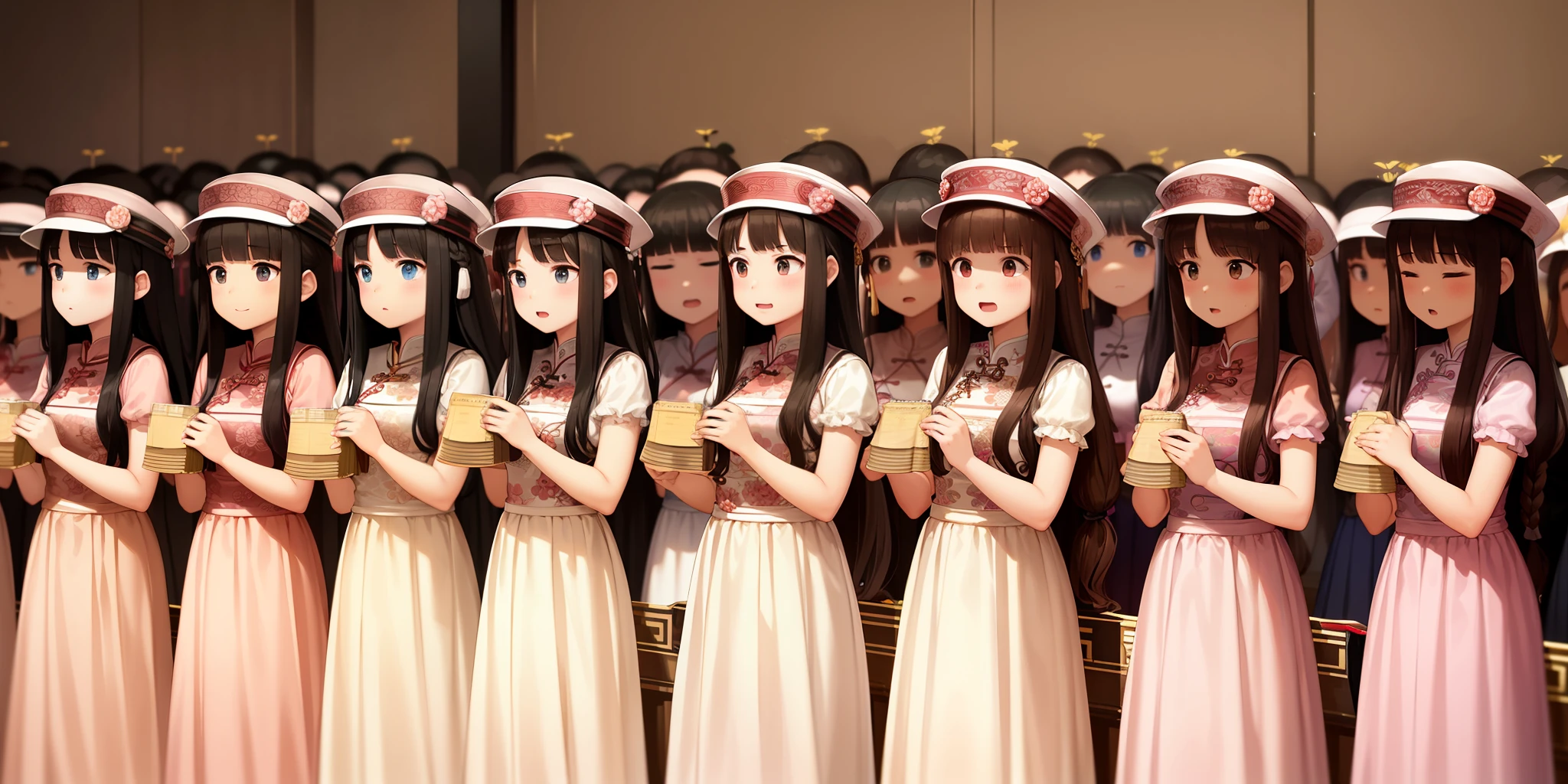 100girls,crowded, long hair, brown hair, curly hair, hazel eyes,chinese dress,sexy, rows of girls, girls standing in formation, only girls, sisters