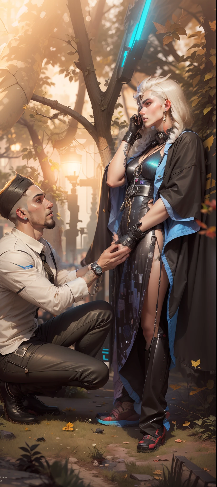 Change background cyberpunk handsome boy, cyberpunk preety girl, 8k realistic face
