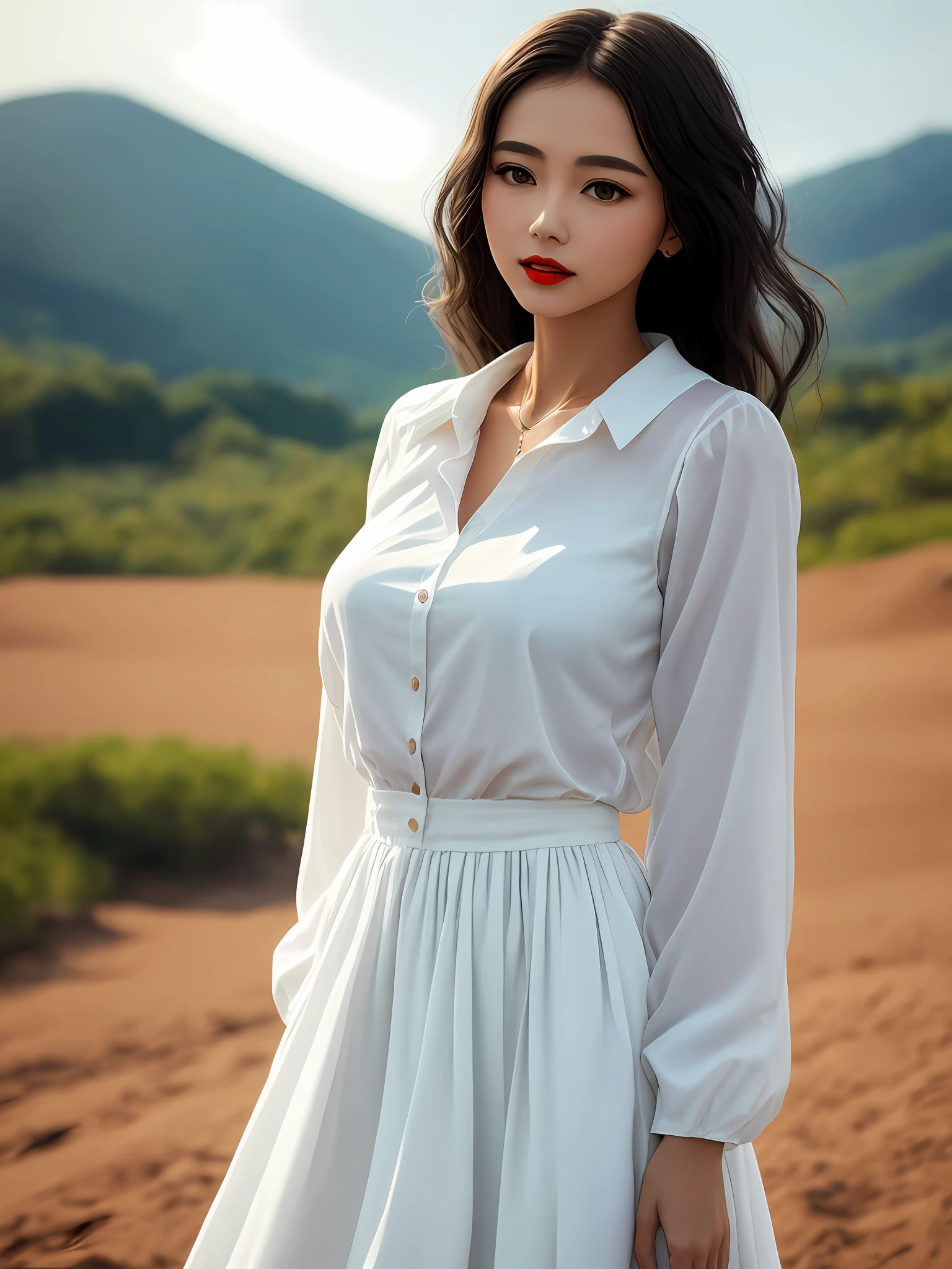 A girl in white,Walk in the wind,Black hair fluttering,She has a beautiful face,Pure,Detached from dust,Keep away from red dust,Like a fairy,Without a trace of dust,Walk among the green mountains and waters,With the footsteps of youth,The listener's songs outside the earthly world,This is a real person,Photo-level image quality,Realistic face,Portrait quality like photography,The skin is real and delicate,Mannequin-like pose,Dress plainly and neatly,short skirt,Highlight the E-cups(Bigchest:1.6),white clothes,tight fit clothes,Redlip,largeeyes,Close-up,