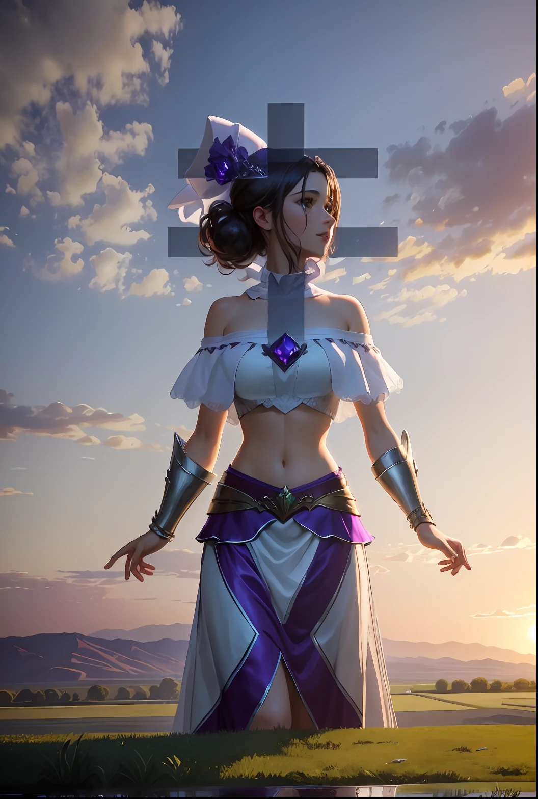 ((best quality)), ((masterpiece)), (detailed), ultra high quality CG, Scherazard, crop top, gauntlets, purple skirt, white shawl, standing, farmhouse, green eyes, rural setting, 4:3 aspect ratio, vibrant colors