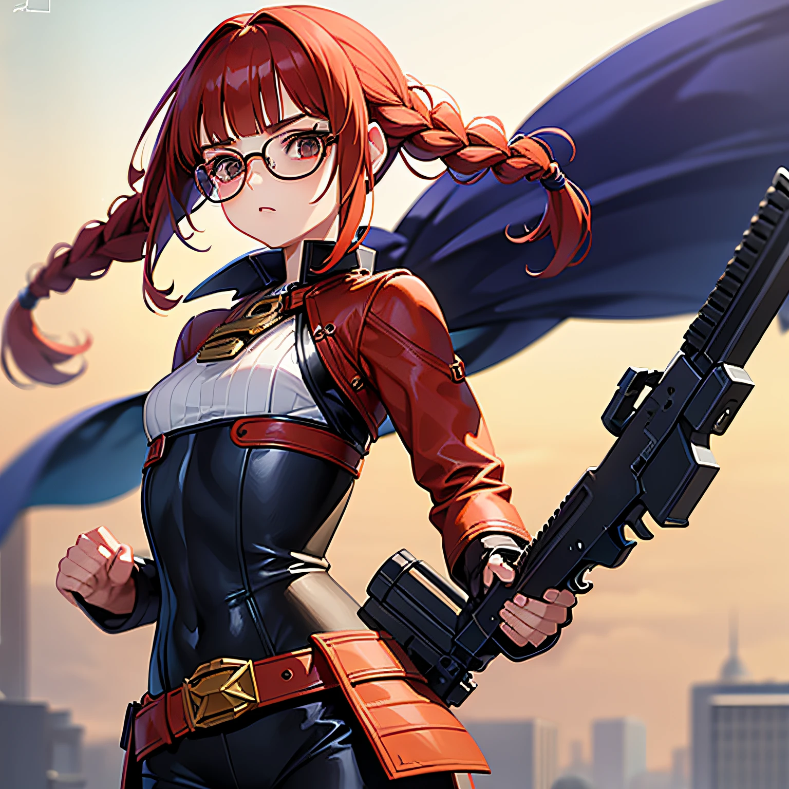Gamine, teens girl, redhair, Braids, blunt bangs, eye glasses, Jig eyes, flat chest, The neck is mechanical, Left arm is mechanical, Western Fantasy Costumes, Holding a Gun in Medieval Fantasy --s2