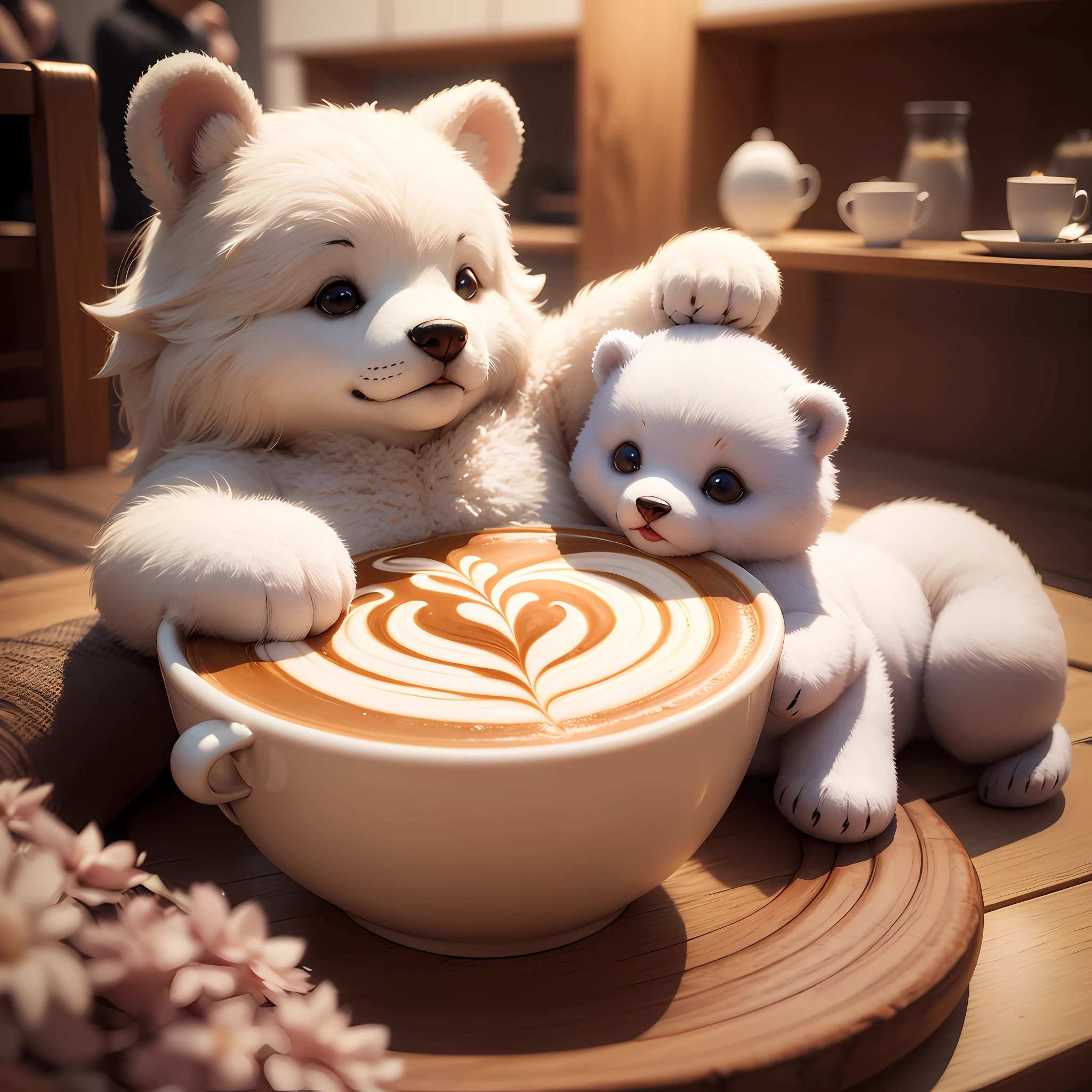 3D Cafe Latte Art、fluffy、White bear、kawaii、Pose as if you are soaking in a hot spring --auto