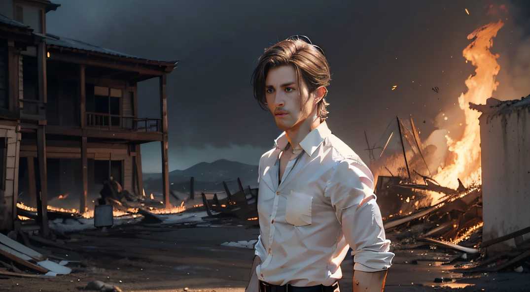 of a guy，A melancholy expression was revealed，sideface，Overlooking，年轻，Handsome，Handsome，self-assured，brunette color hair，Eyebrows upturned，Strong，male people，white  shirt，Suit pants，standing on ruins，natta，midynight，There is blood on the body，Fire axe in hand