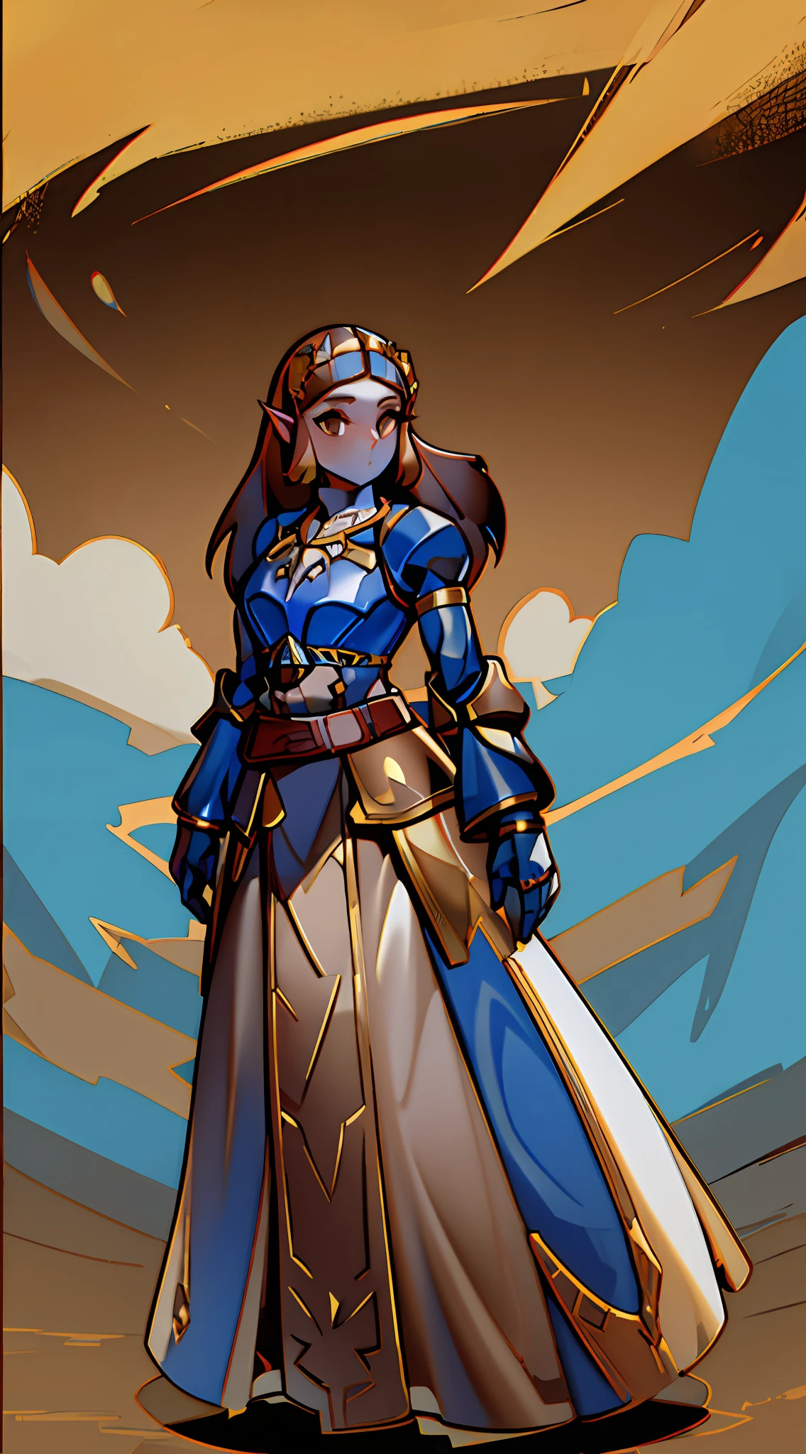 Botw Zelda wearing Heavy knight armor, Botw Themed Knight armor, Royal blue and gold armor, thick armor plating, Gold accents with brown straps, brown belt with gold accents, Heavy Blue armor, Armored dress, Large knight armor, form-fitting knight armor, helmetless, helmet held in arm, wearing princess tiara, Botw Zelda looking at camera